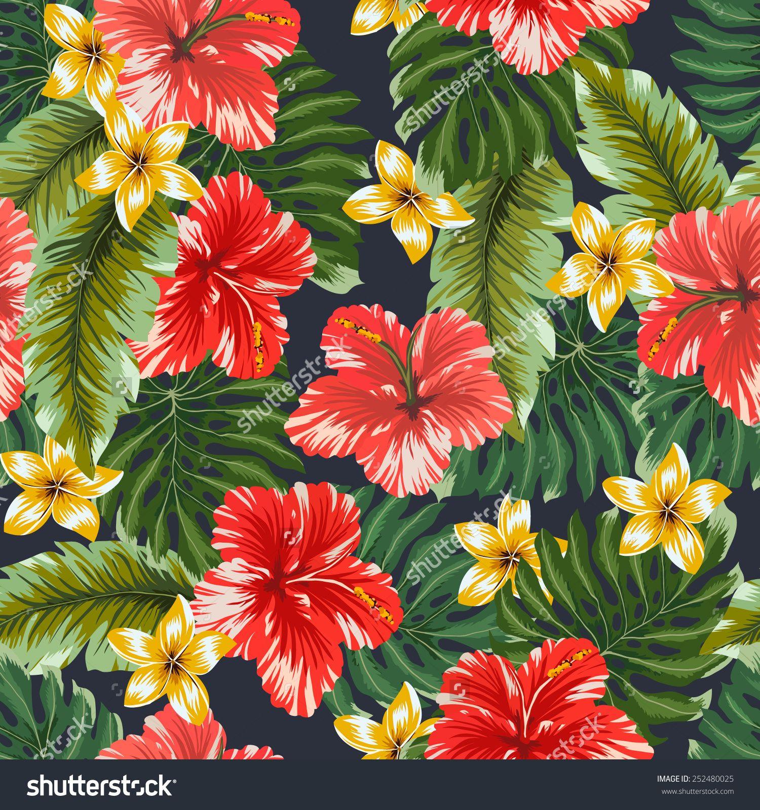 Seamless pattern Colorful hawaiian flowers on dark background. Што