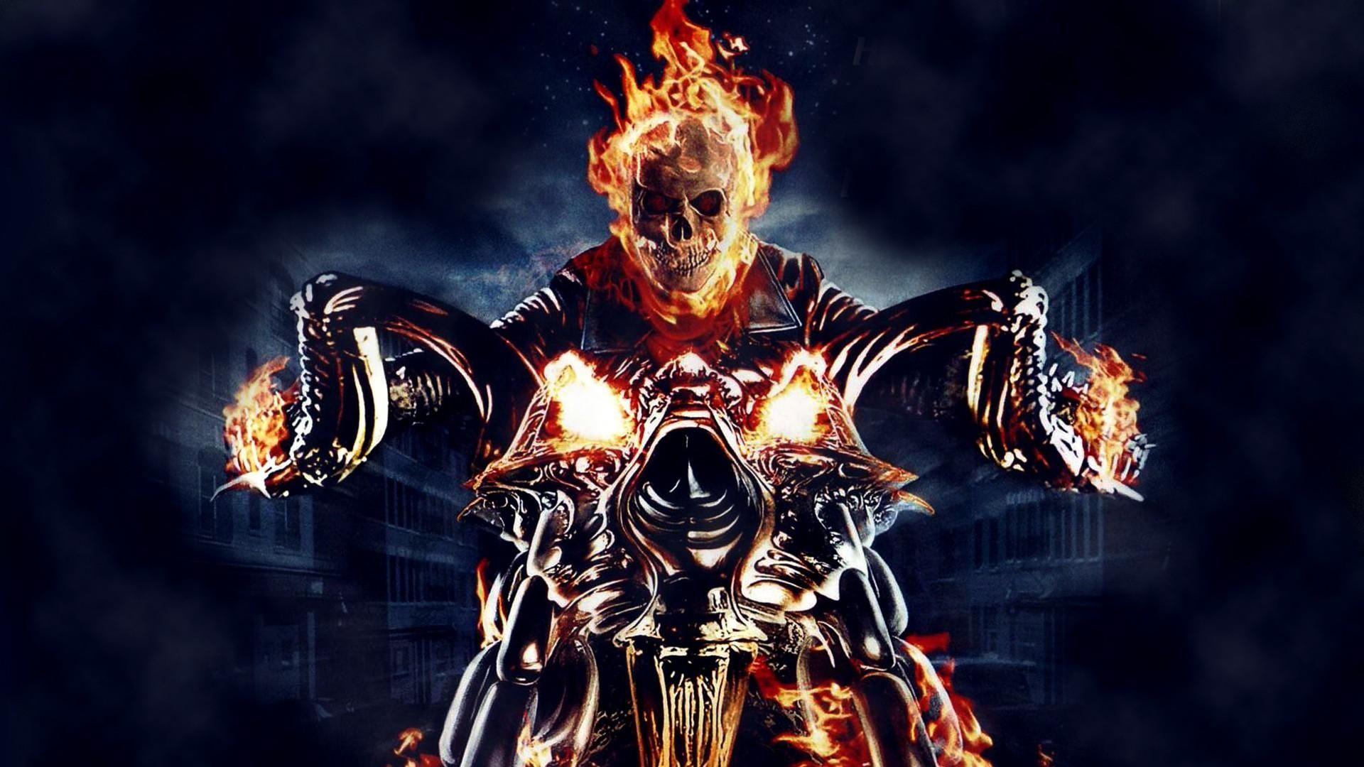 Download Wallpaper 1920x1080 ghost rider, motorcycle, fire, fog Full