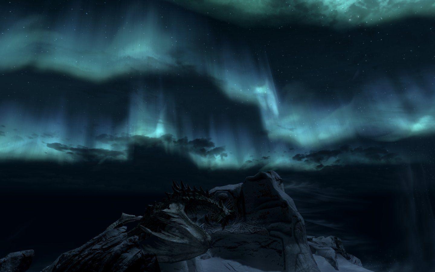 The Elder Scrolls Skyrim Paarthurnax Aurora Borealis Night Mountain