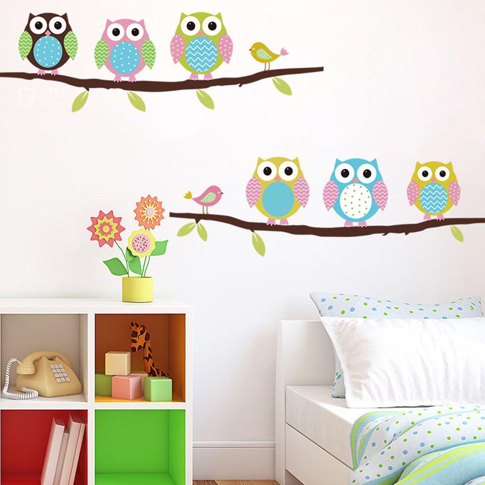 cartoon cute six owl on the tree diy wall removable wallpaper