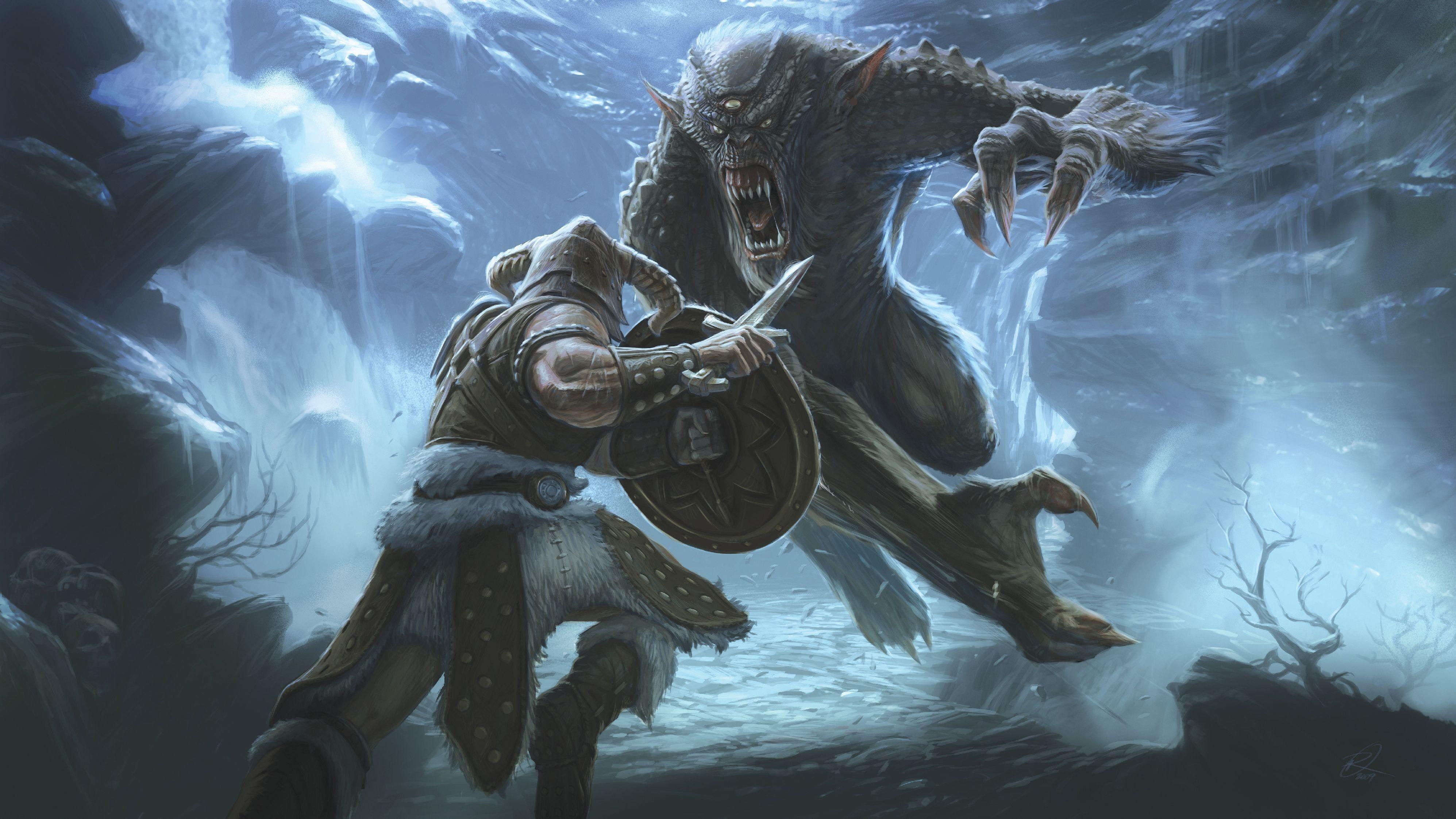 Barbarian fighting monster digital wallpaper HD wallpaper