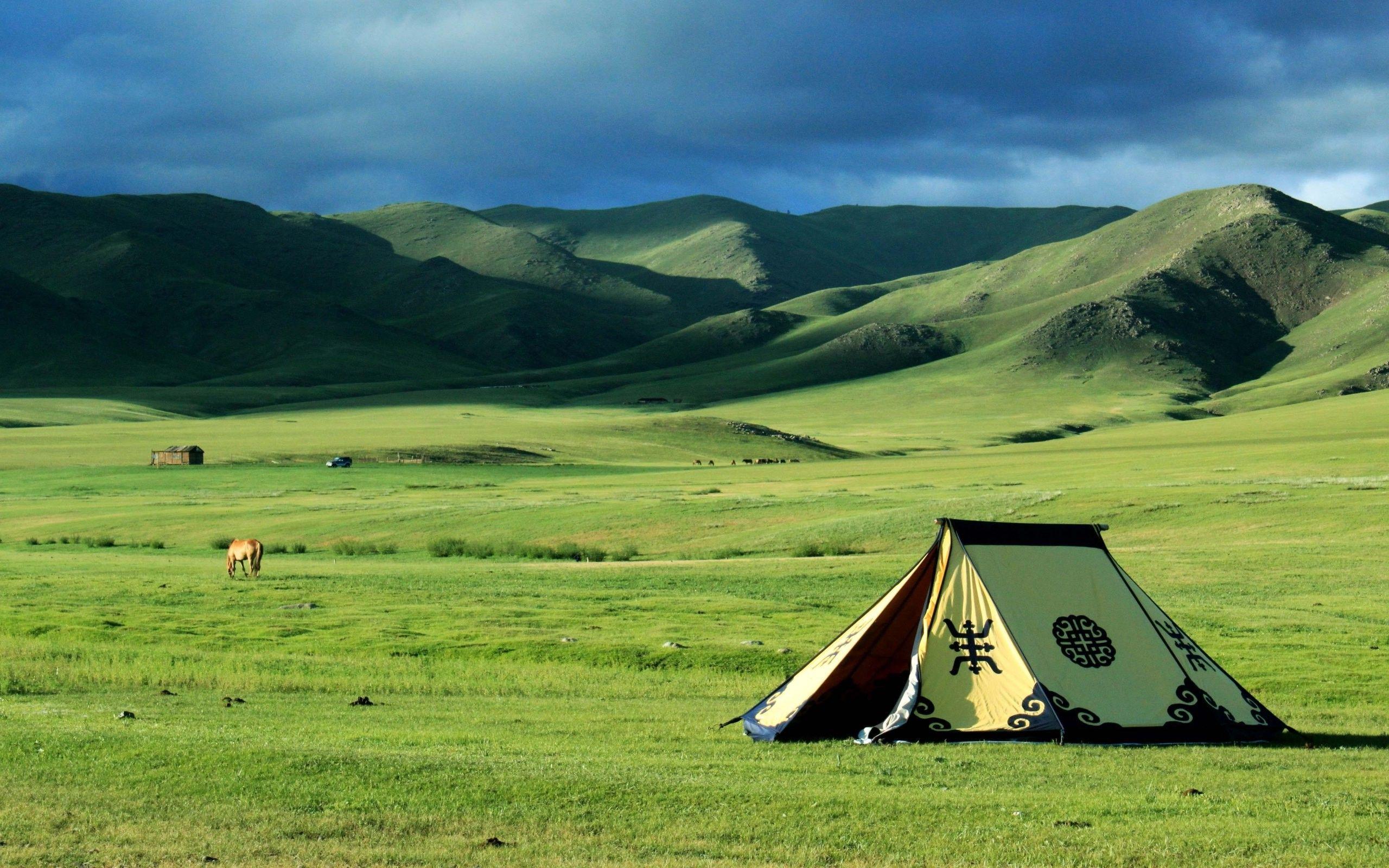 nature, Landscape, Mongolia, Tents, Steppe, Field, Hill Wallpaper