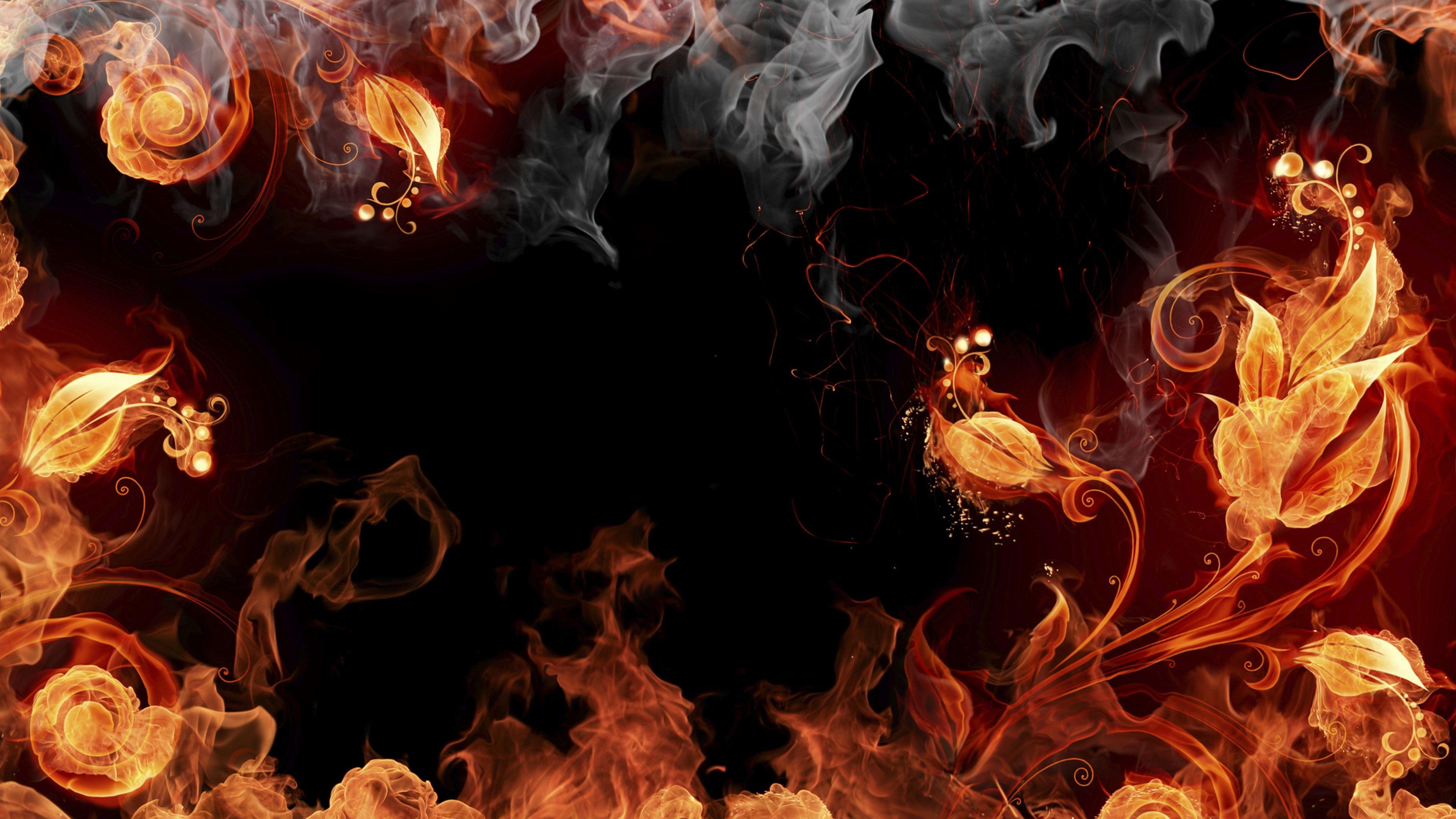 abstract, fire, smoke, plants, artwork, black background wallpaper