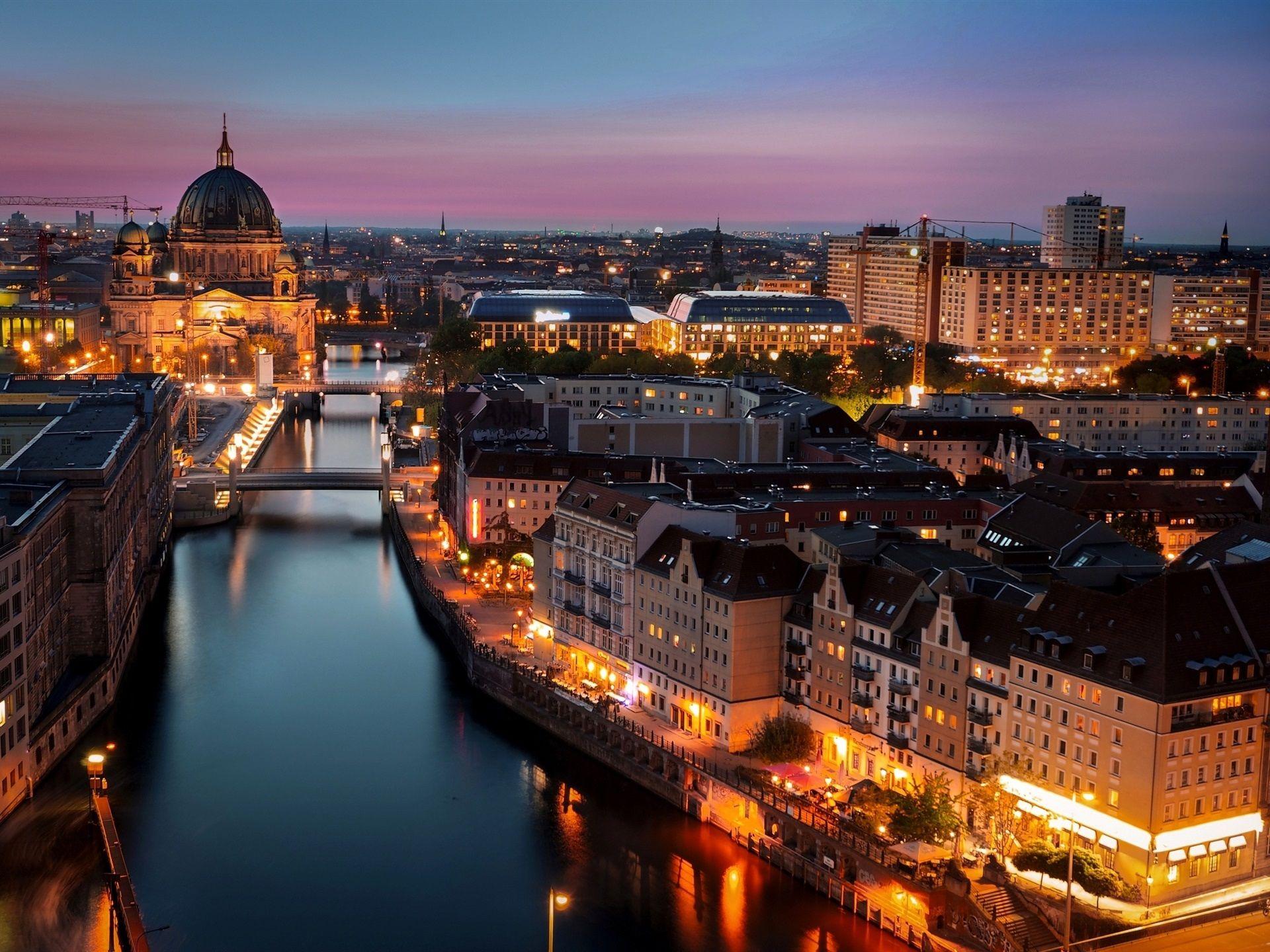 Berlin, Germany, city, night, lights, buildings, river wallpaper