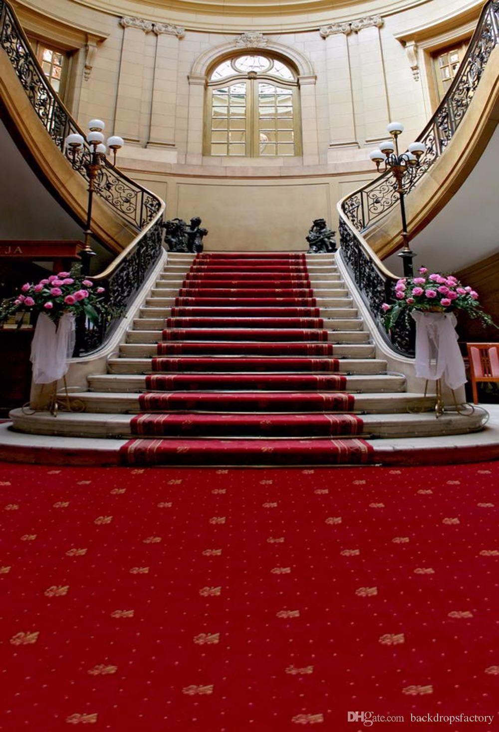 Red Carpet Staircase Wedding Photography Backdrop Pink Flowers