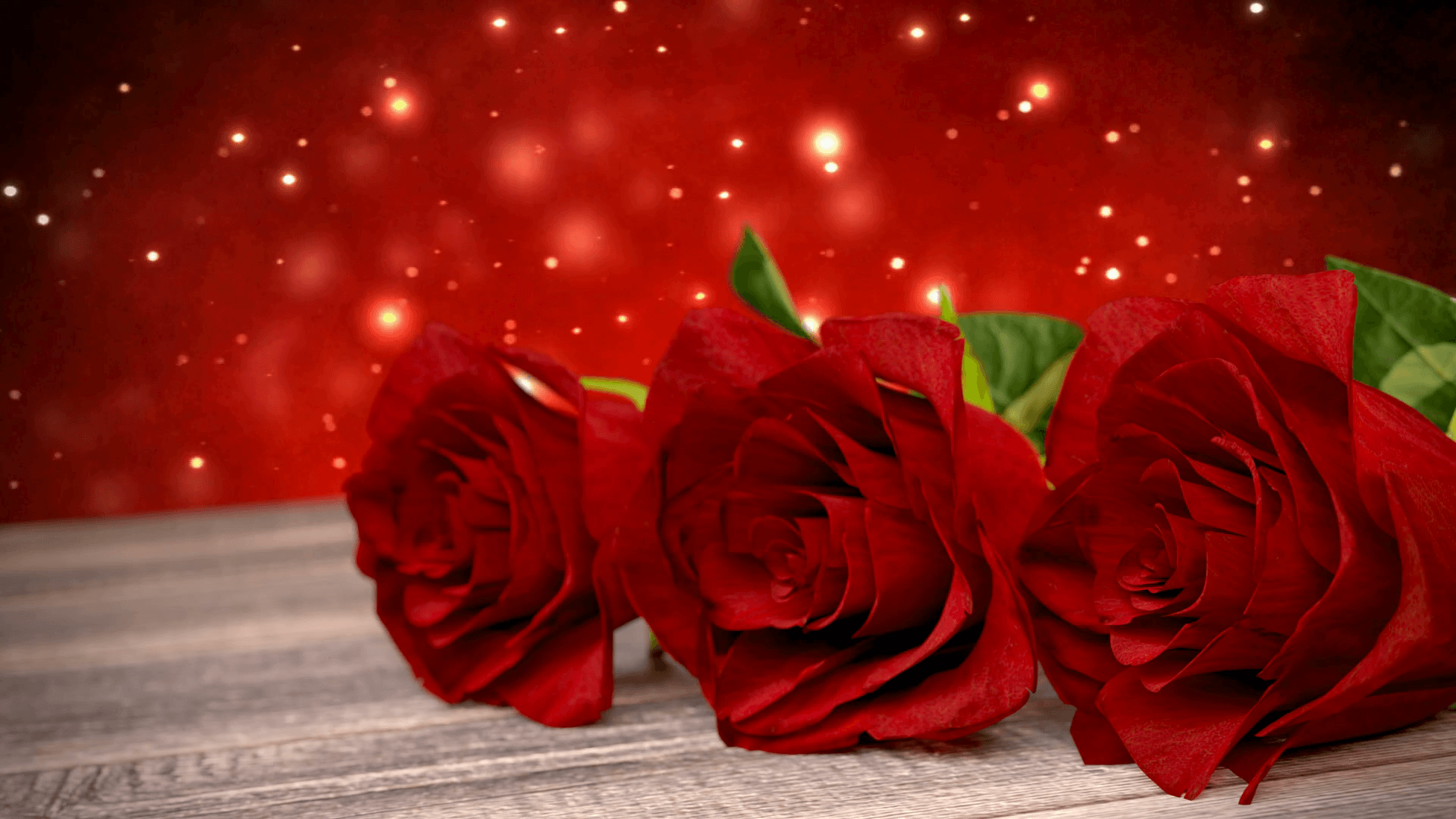 seamless loop birthday background with red roses on wooden desk. 3D