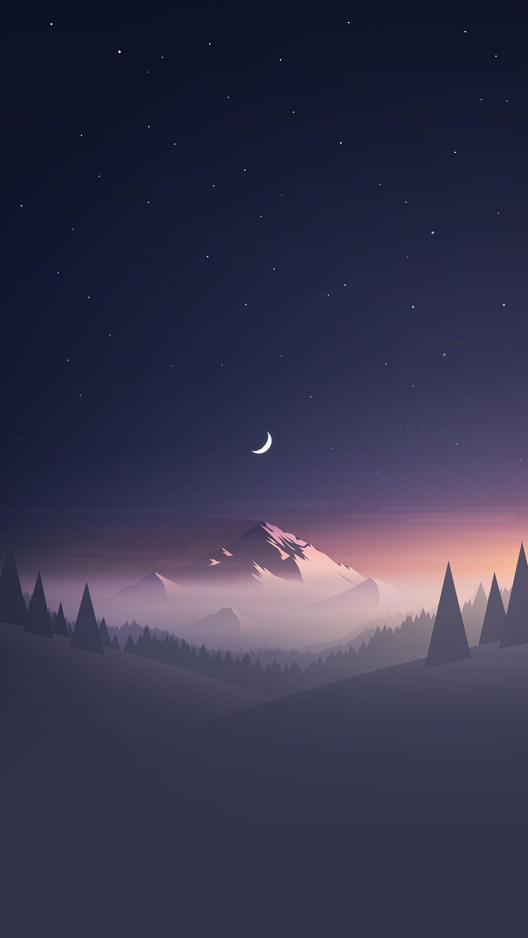 Stars And Moon Winter Mountain Landscape iPhone HD Wallpaper