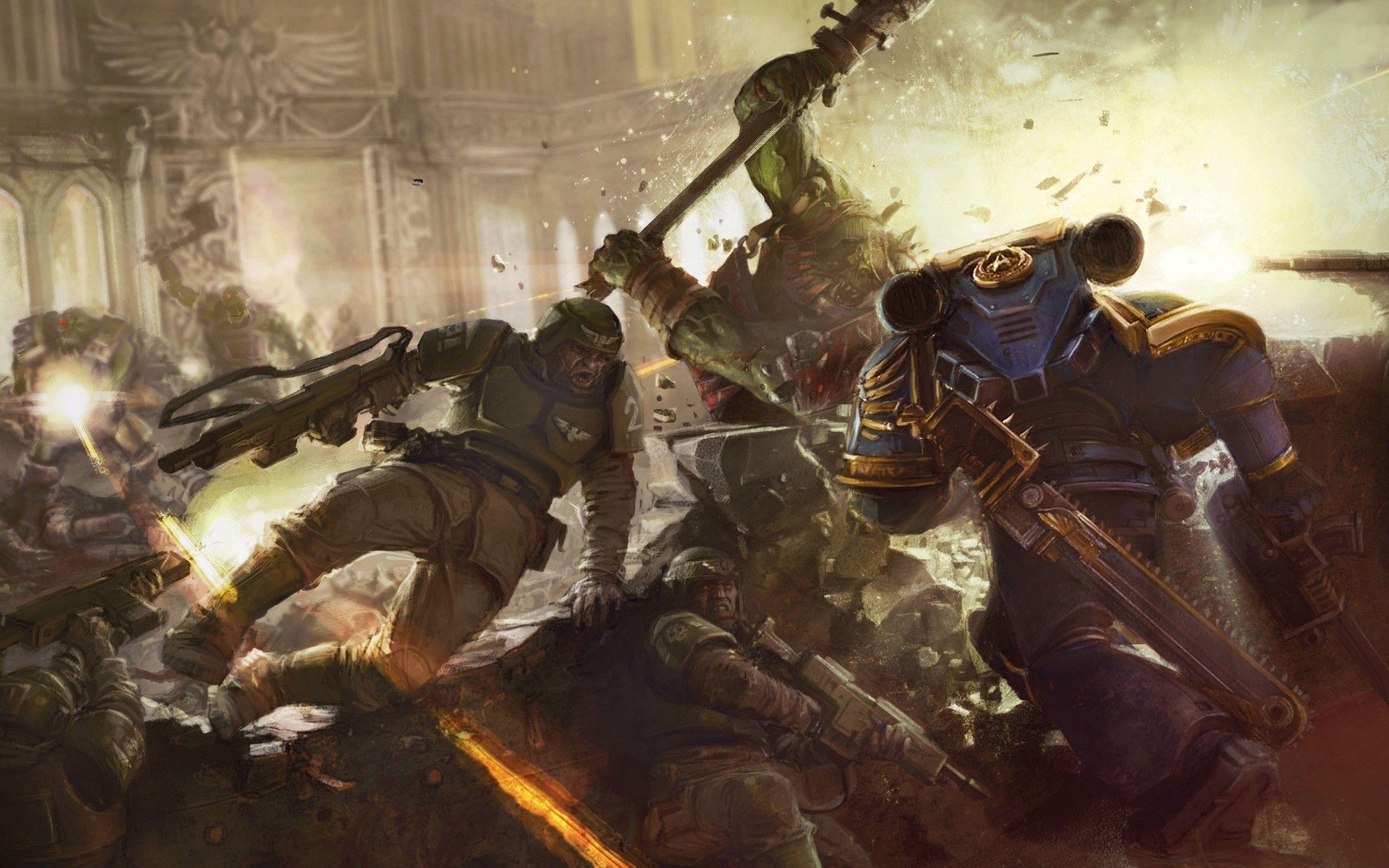 Space Marines And Imperial Guard Vs Orks wallpaper. Fantasy