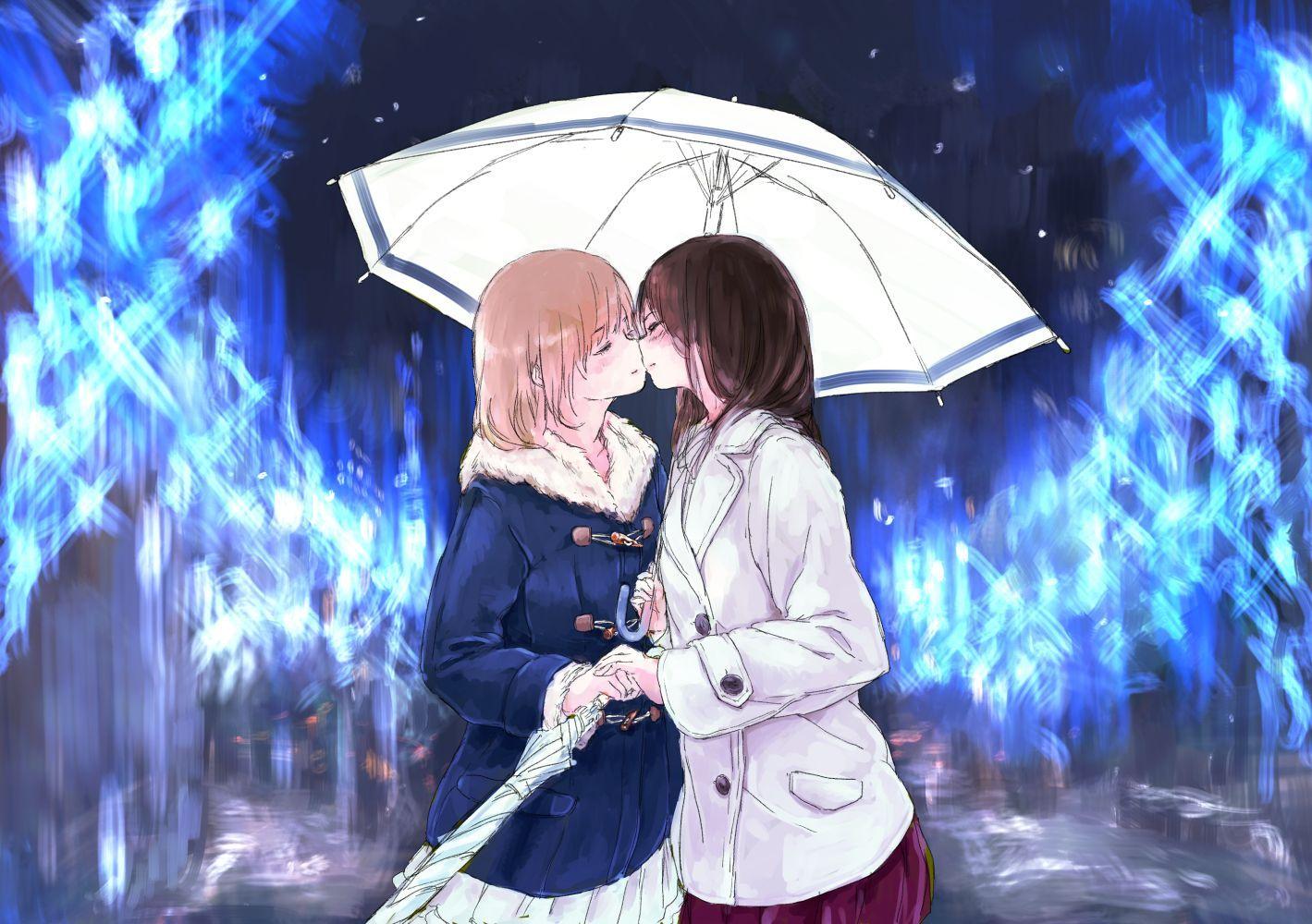 2girls kiss original syou (endemic species) umbrella yuri. konachan
