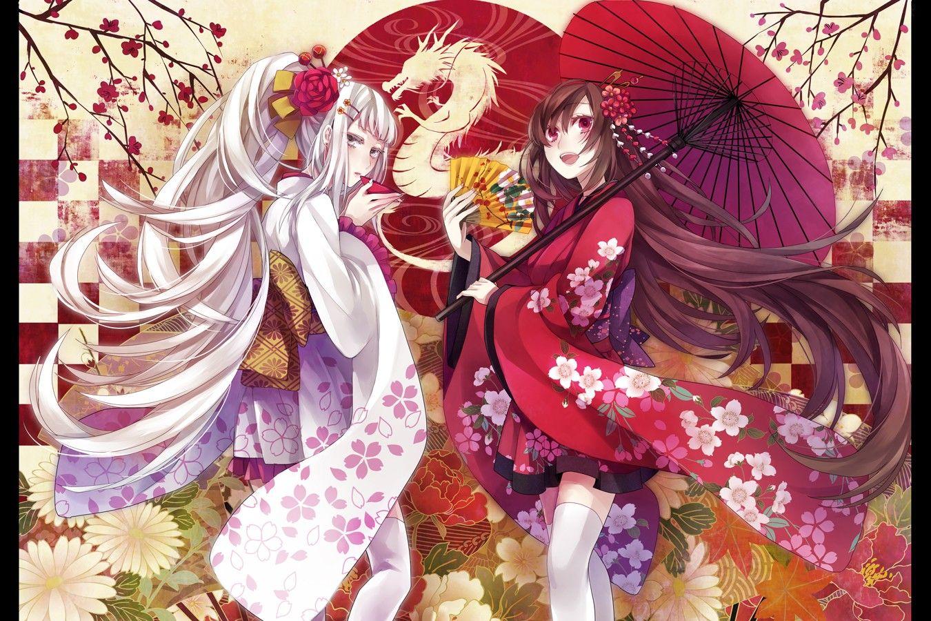 brunettes, cherry blossoms, dragons, flowers, long hair, kimono, red