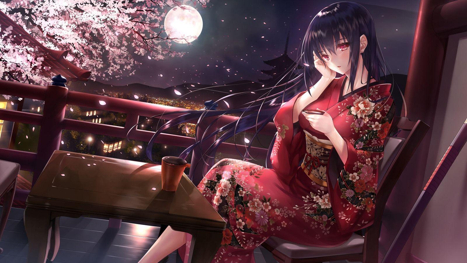 Wallpaper Anime Girl, Kimono, Moon, Sakura Tree, Scenic, Traditional