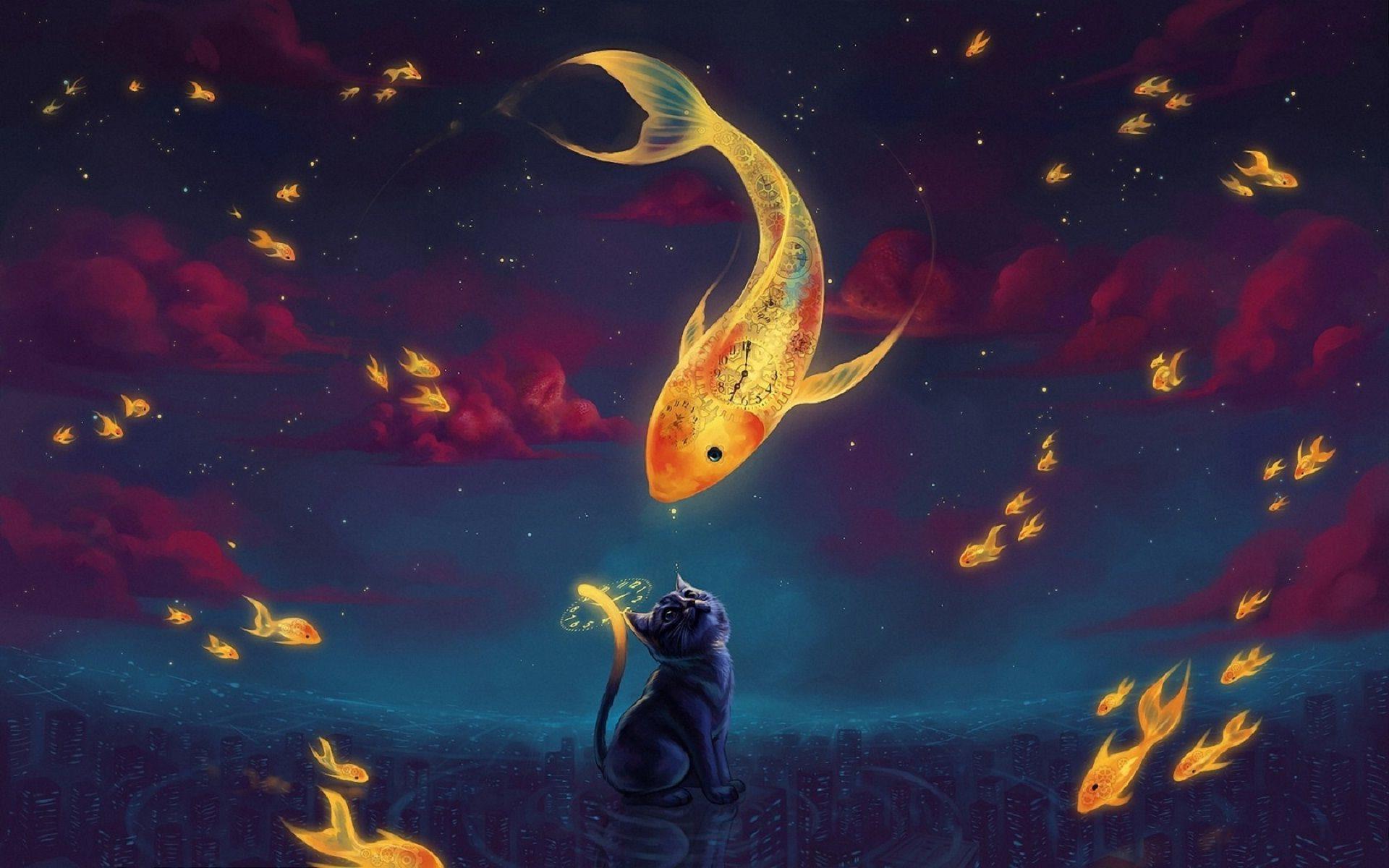 Golden fish and cat good night wallpaper HD wallpaperNew HD