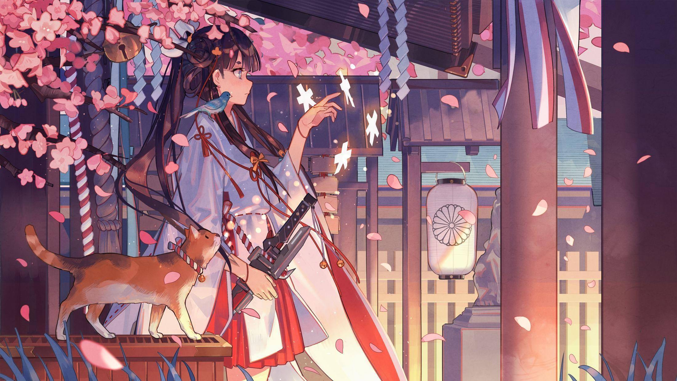 Wallpaper Anime Girl, Kimono, Katana, Sakura Blossom, Profile View