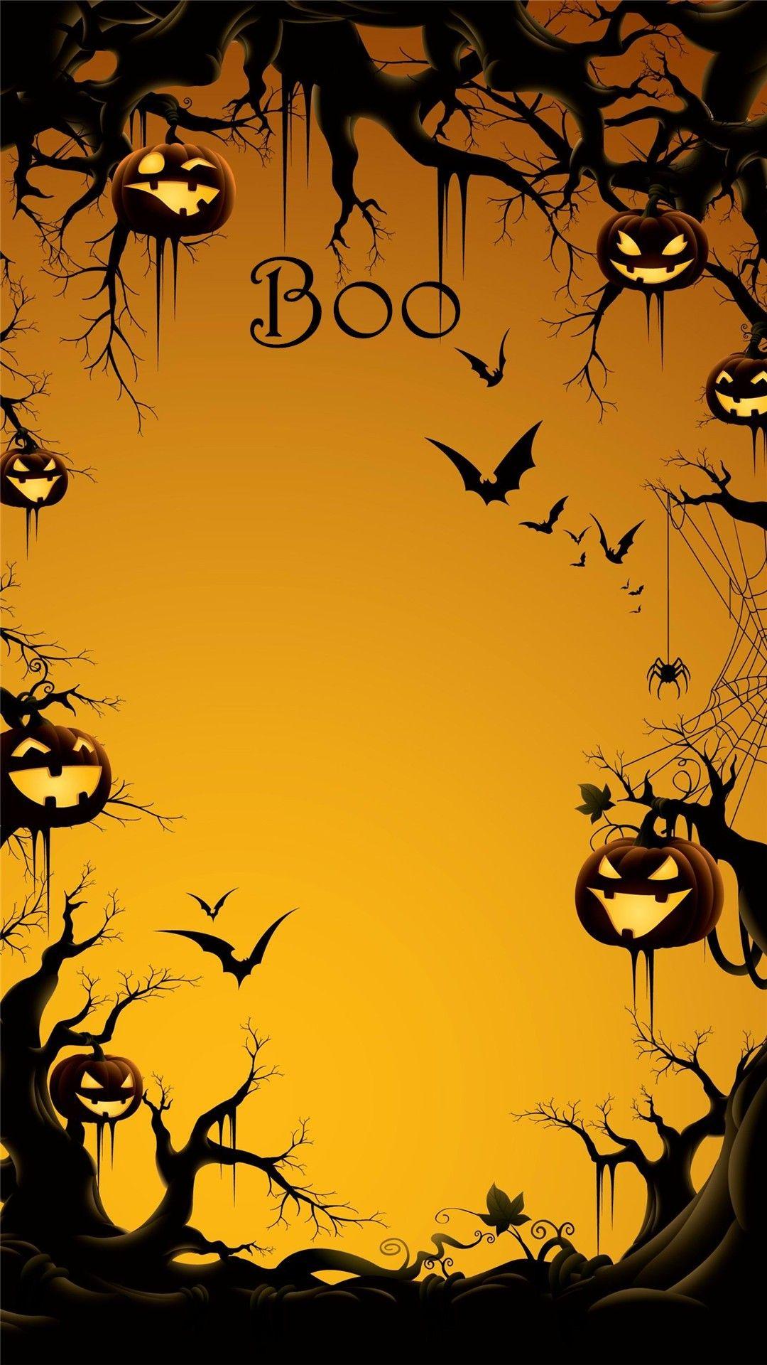 Boo Halloween iPhone 6 plus wallpaper with pumpkin on the tree