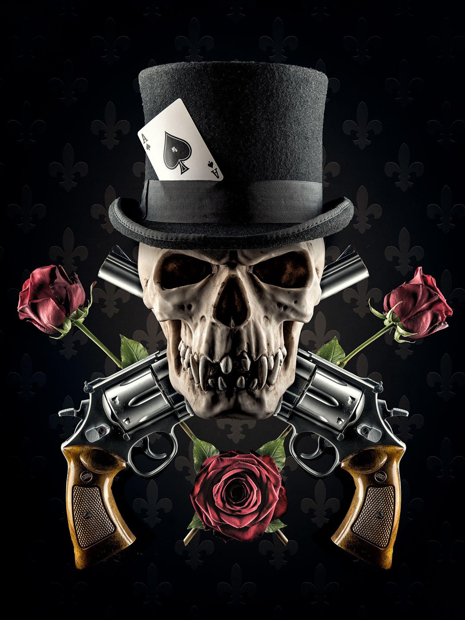 Skulls Revolver Hat Roses Fantasy Black background 1536x2048