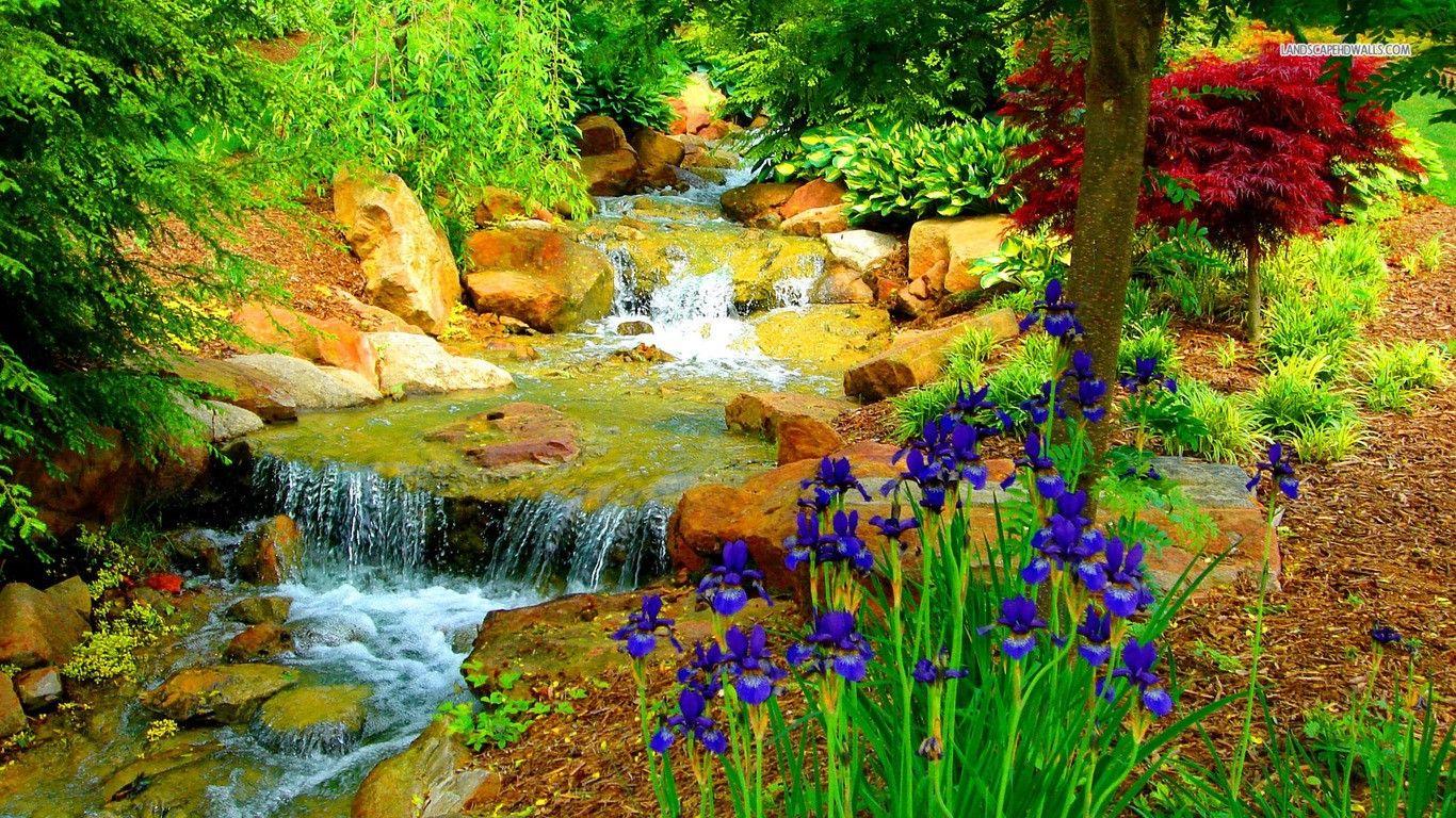 Waterfall: Waterfall Spring Garden Flowers Gardens Waterfalls