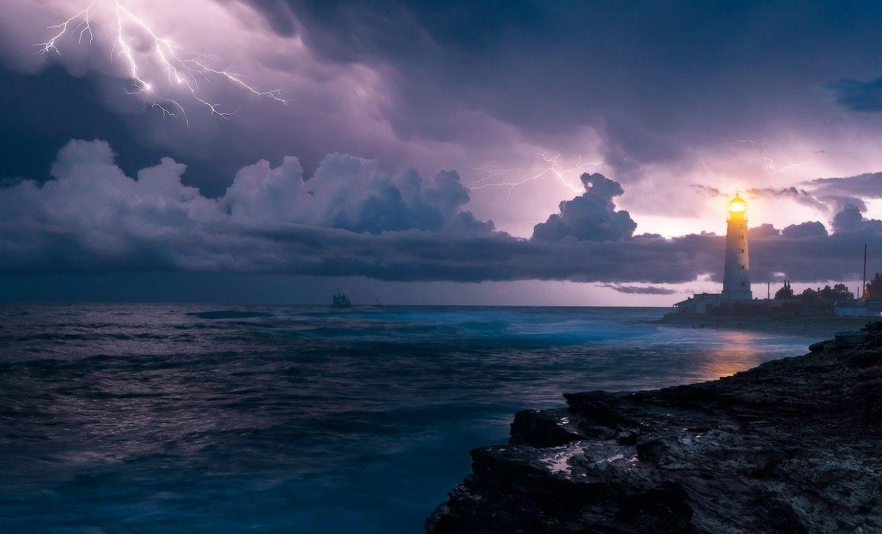 Oceans: OCEAN STORM Clouds Sky Ship Waves Lighthouse Lightning