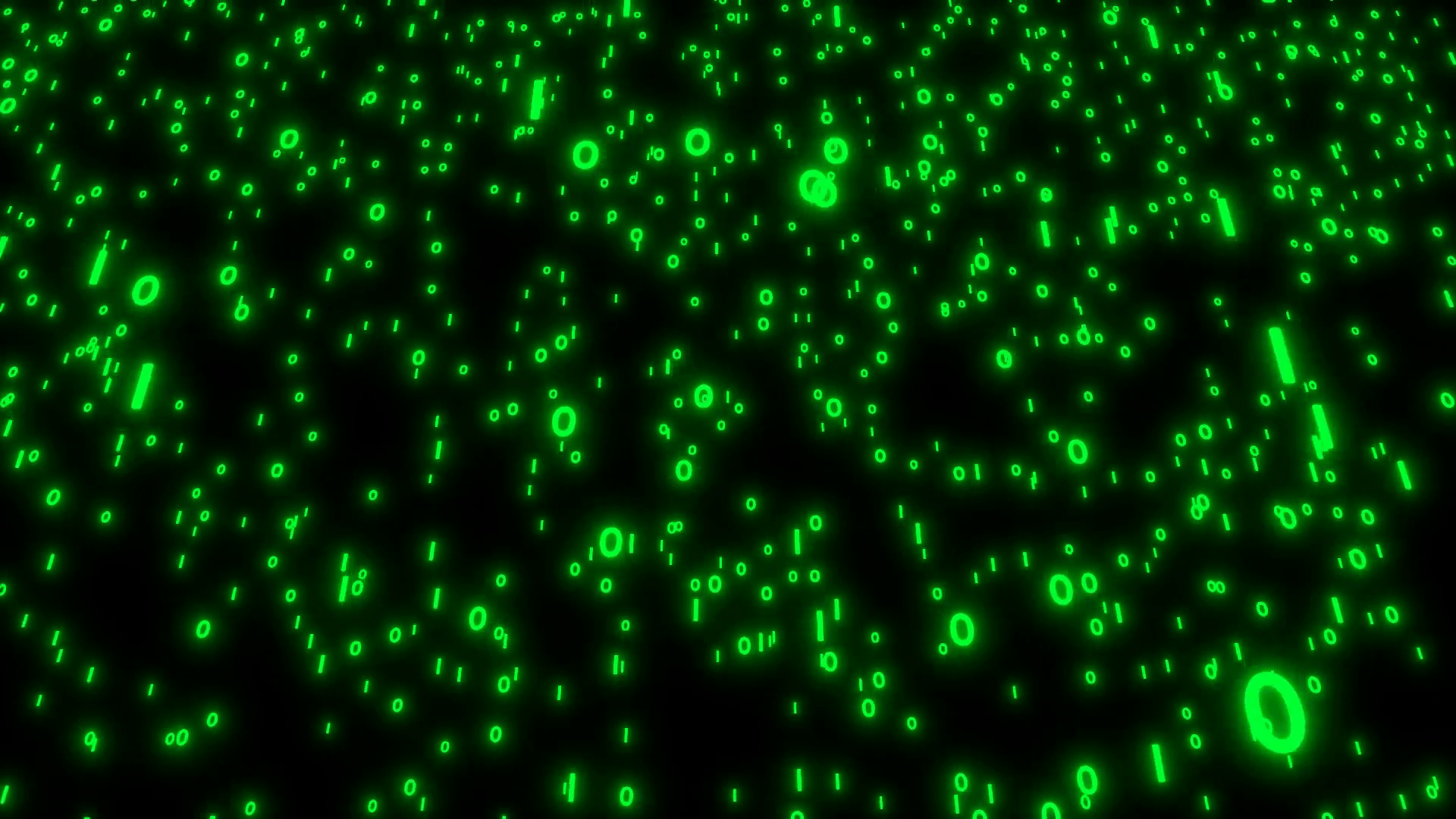 Animated falling glowing green computer bit numbers 0 and 1 on black