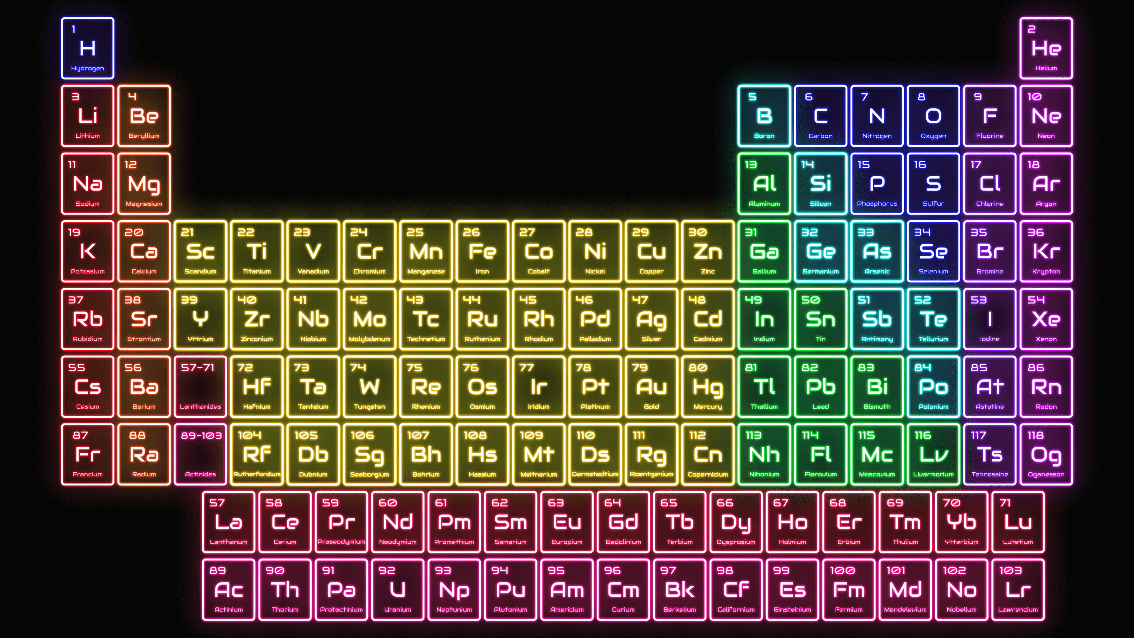 This colorful neon lights periodic table wallpaper shines brightly with a subtle glow. Contai. Neon periodic table, Periodic table, Periodic table of the elements