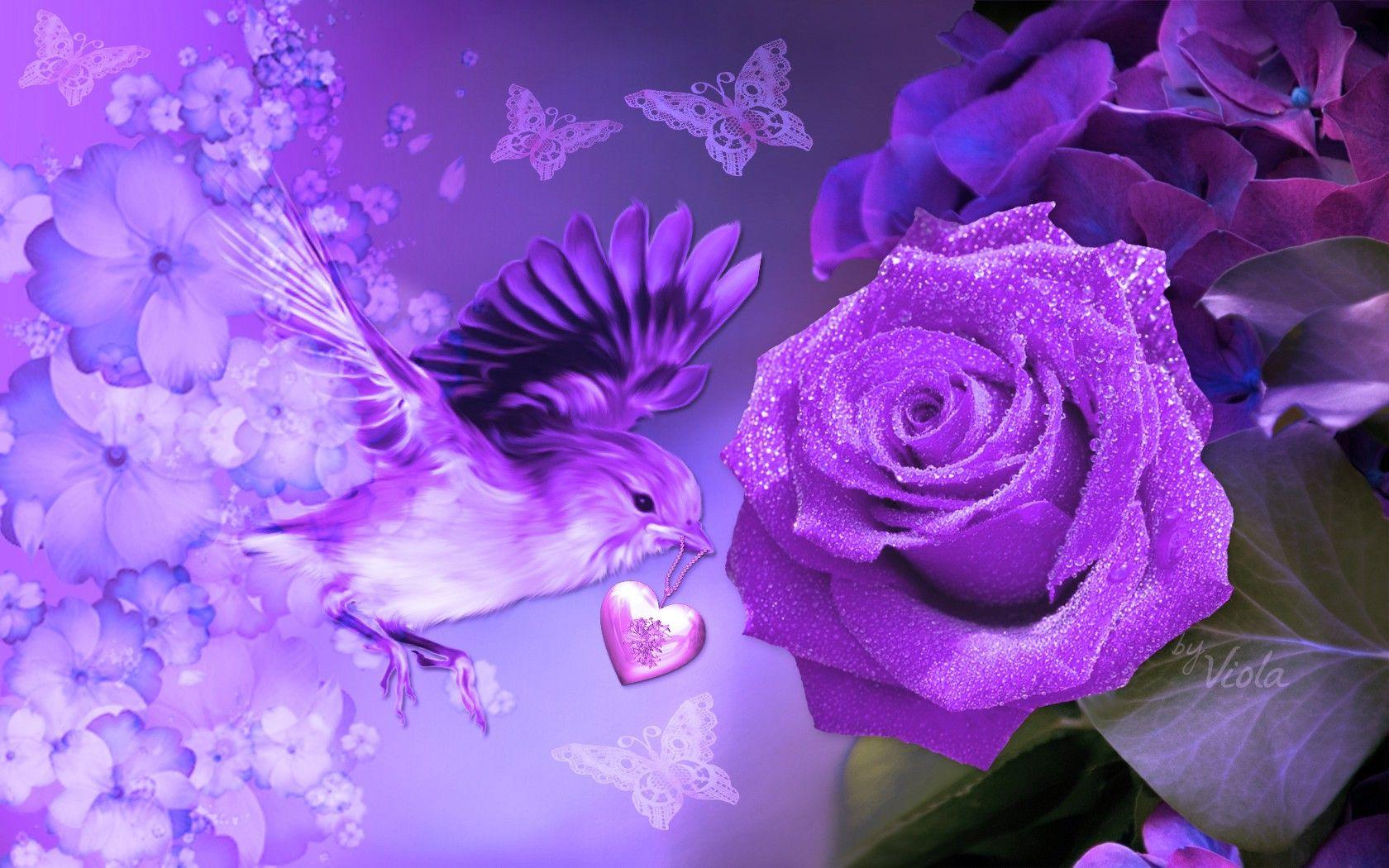 Flowers: Design Purple Viola Mothers Artwork Bird Butterflies