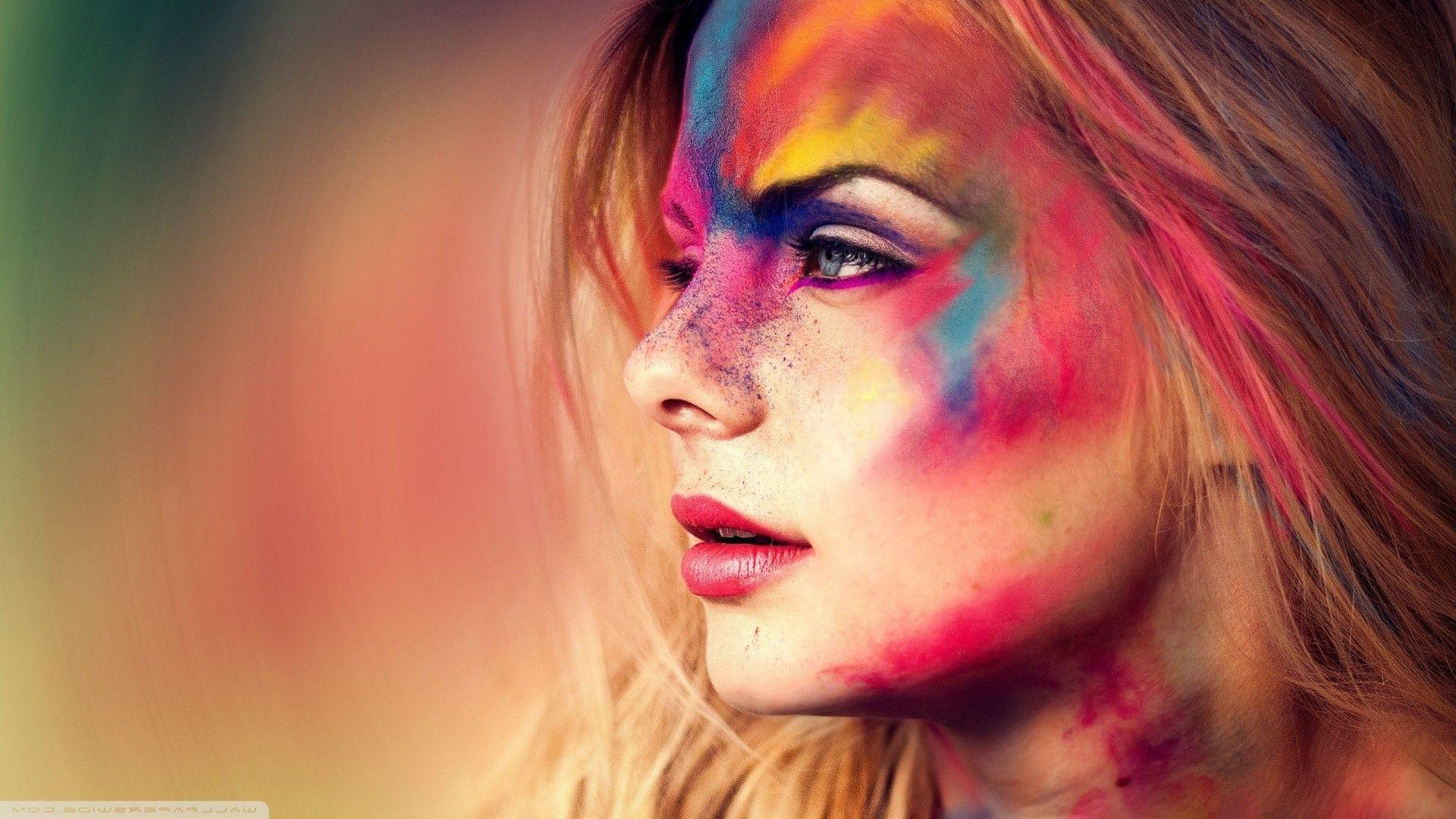 colorful, Face, Powder, Women, Eyes, Blue Eyes, Holi, People Wallpaper HD / Desktop and Mobile Background