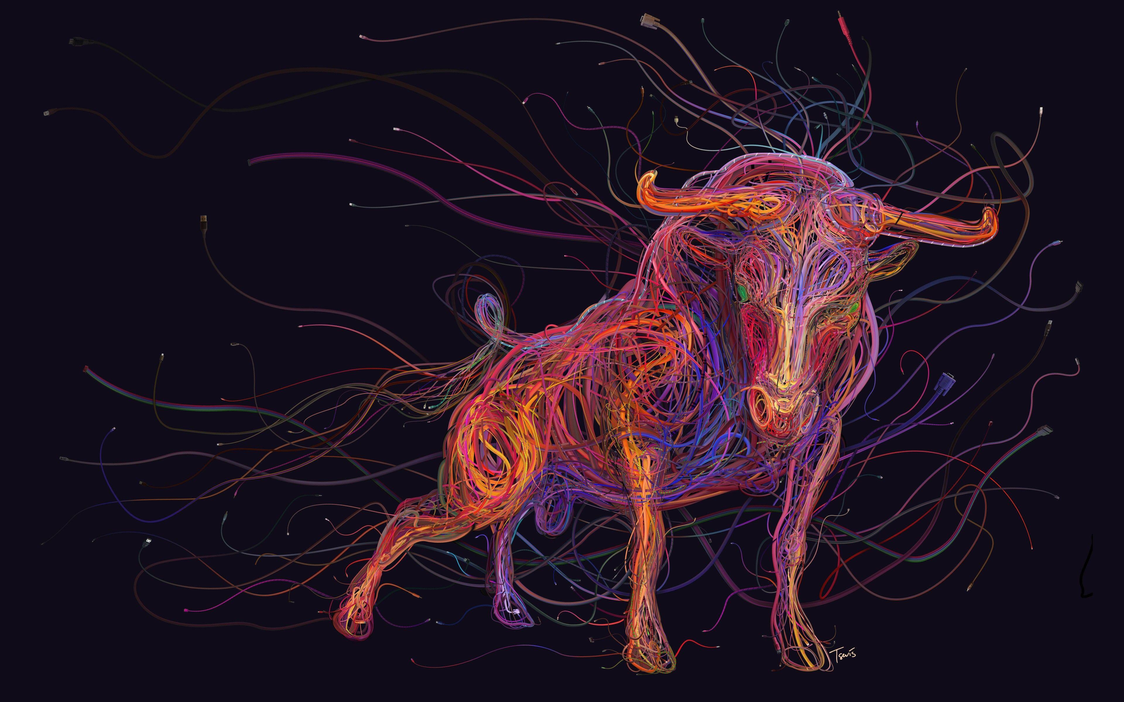 Bull, #colorful, #digital art, #animals, #ethernet, #USB, #wires