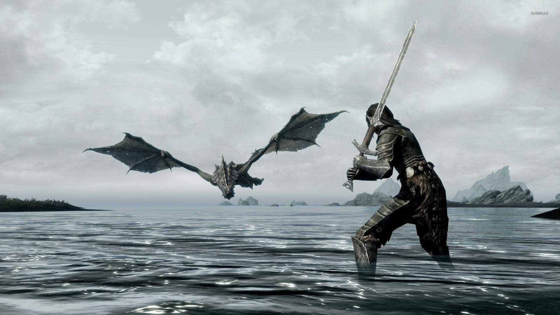 Warrior ready to fight a dragon in Skyrim wallpaper