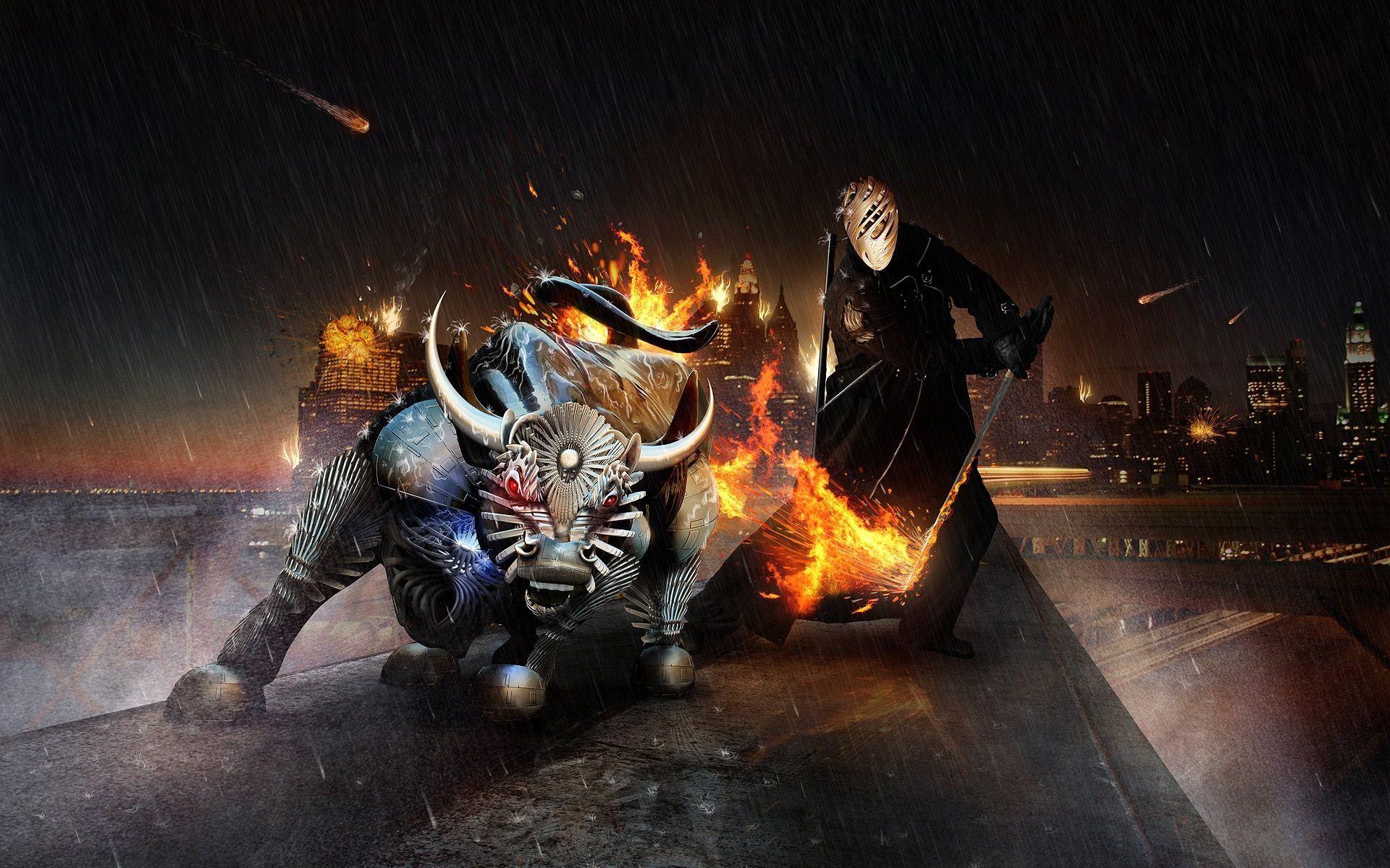 3D Abstract Fantasy Bull With Evil Warrior Wallpaper