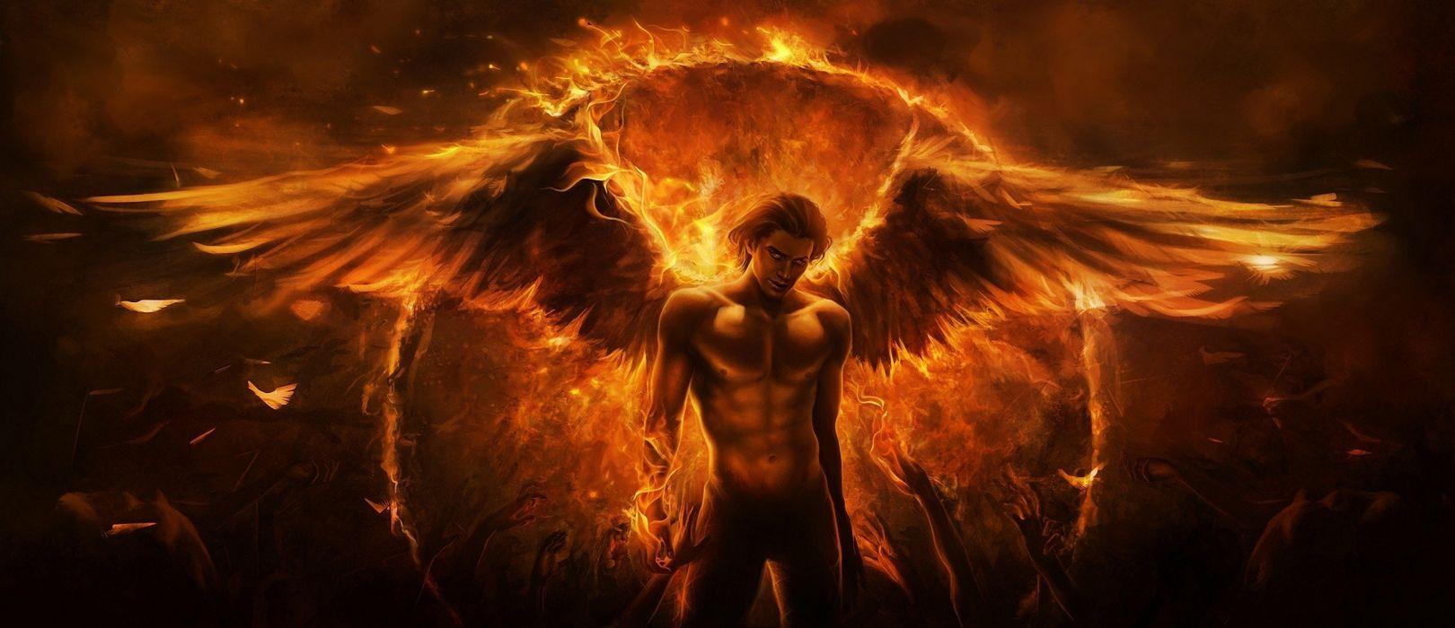 Fantasy Male Angels Artwork Design Fire Wings Wallpaper