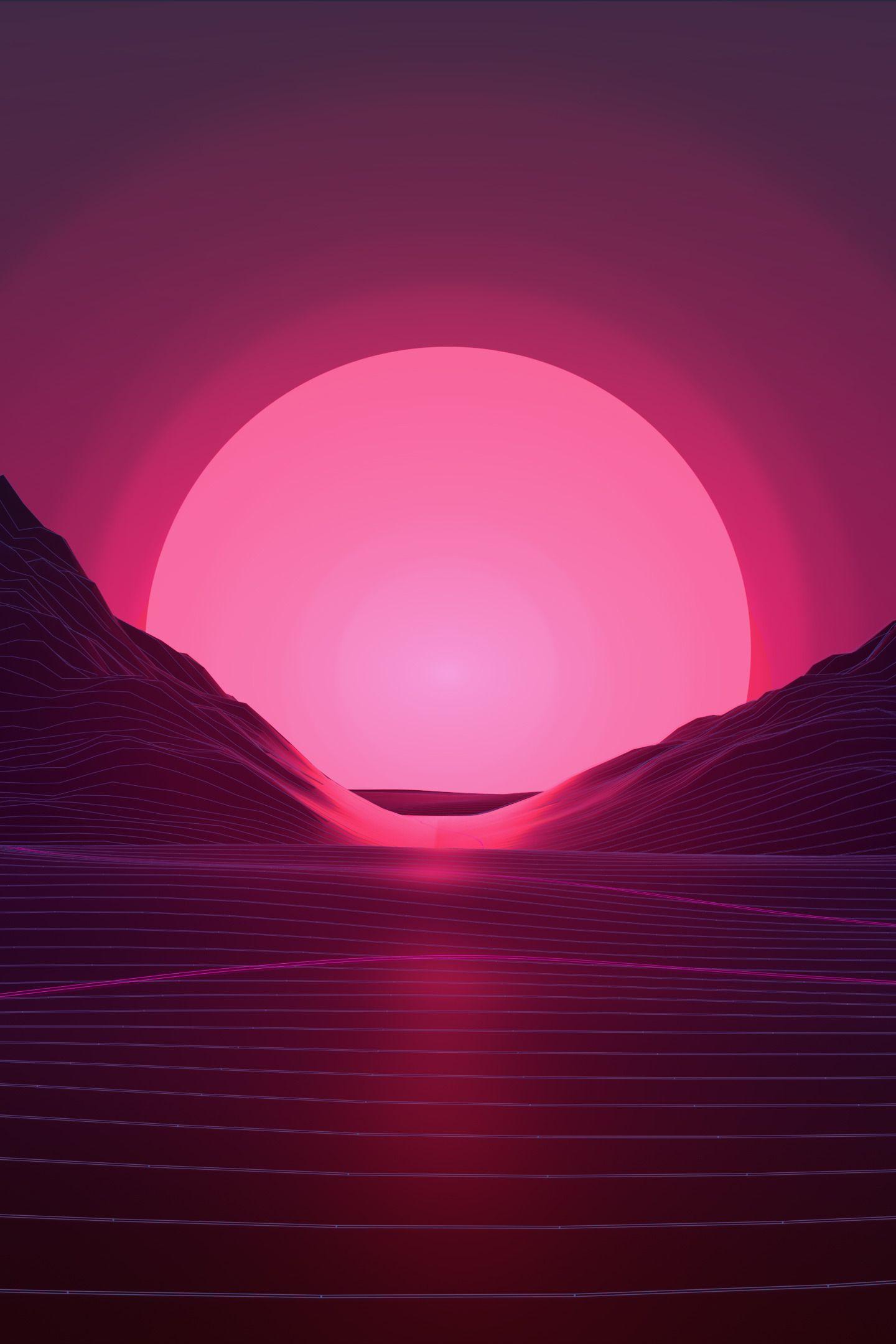 Download 1440x2960 wallpaper sunset, mountains, neon pink, abstract