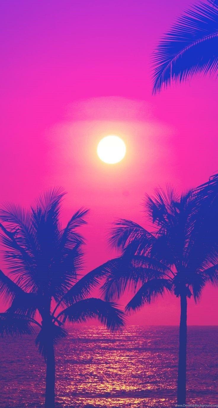 Neon / Hot Pink Blue Sunset Palms iPhone Wallpaper Phone