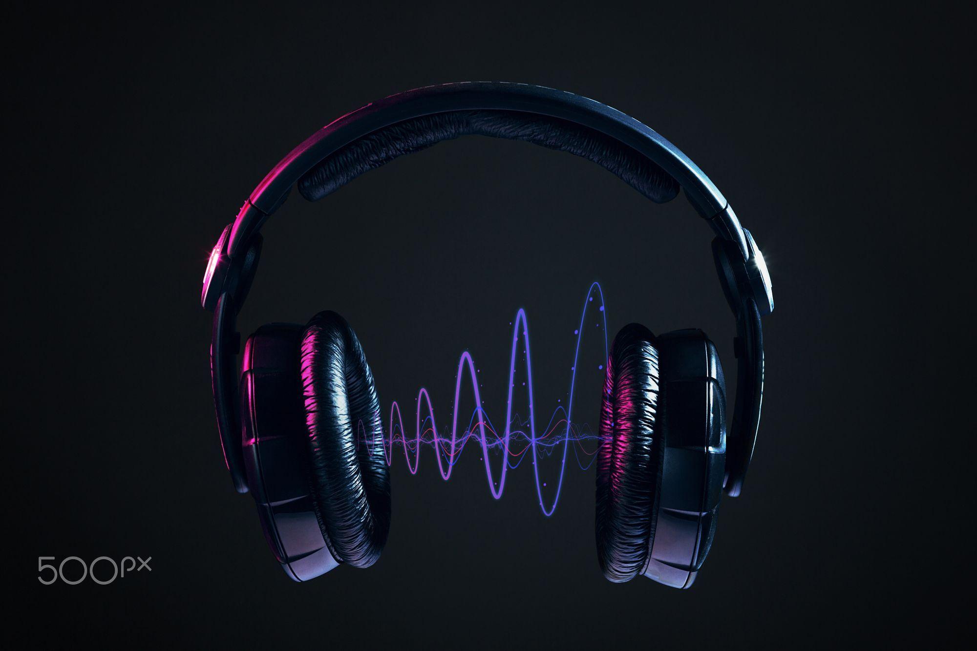 Dj Headphones and disco waves isolated on black background. Diesel