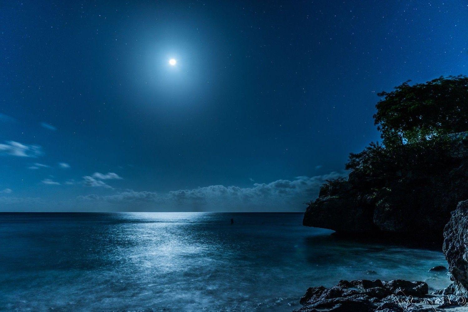 landscape, Nature, Caribbean, Sea, Starry Night, Moon, Moonlight, Island, Beach, Blue Wallpaper HD / Desktop and Mobile Background