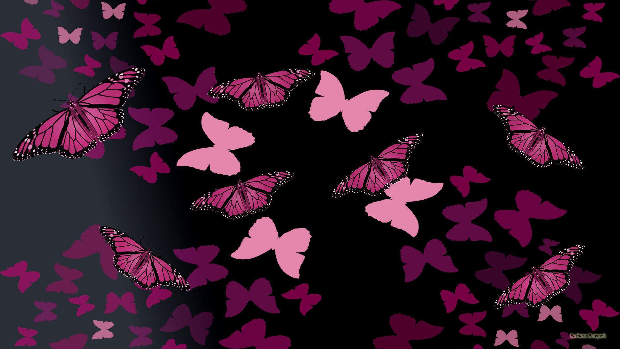 Black wallpaper with pink butterflies HD Wallpaper