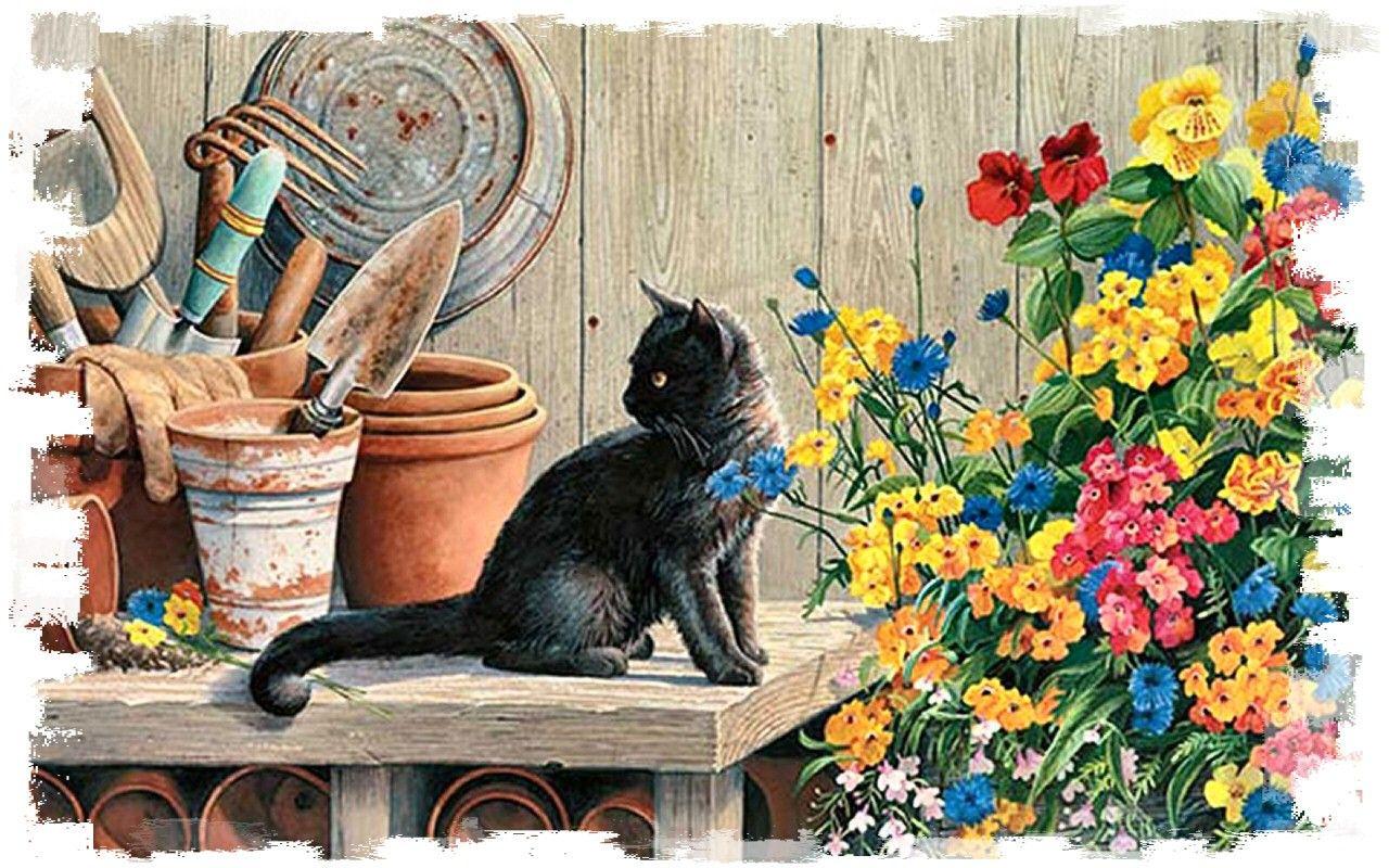 Cats Flower Art Flowers Helper Artwork Animal Garden Black Feline