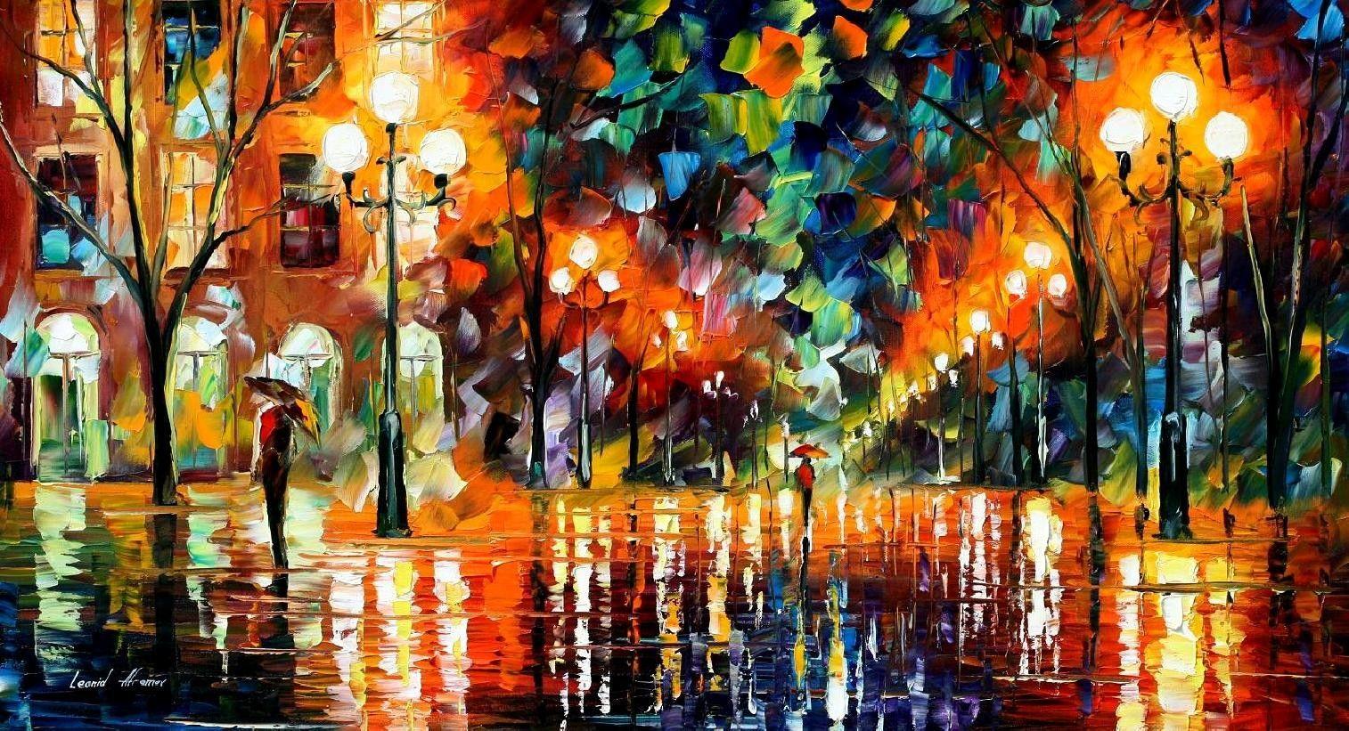 street, Colorful, Umbrella, Leonid Afremov, Painting Wallpaper HD