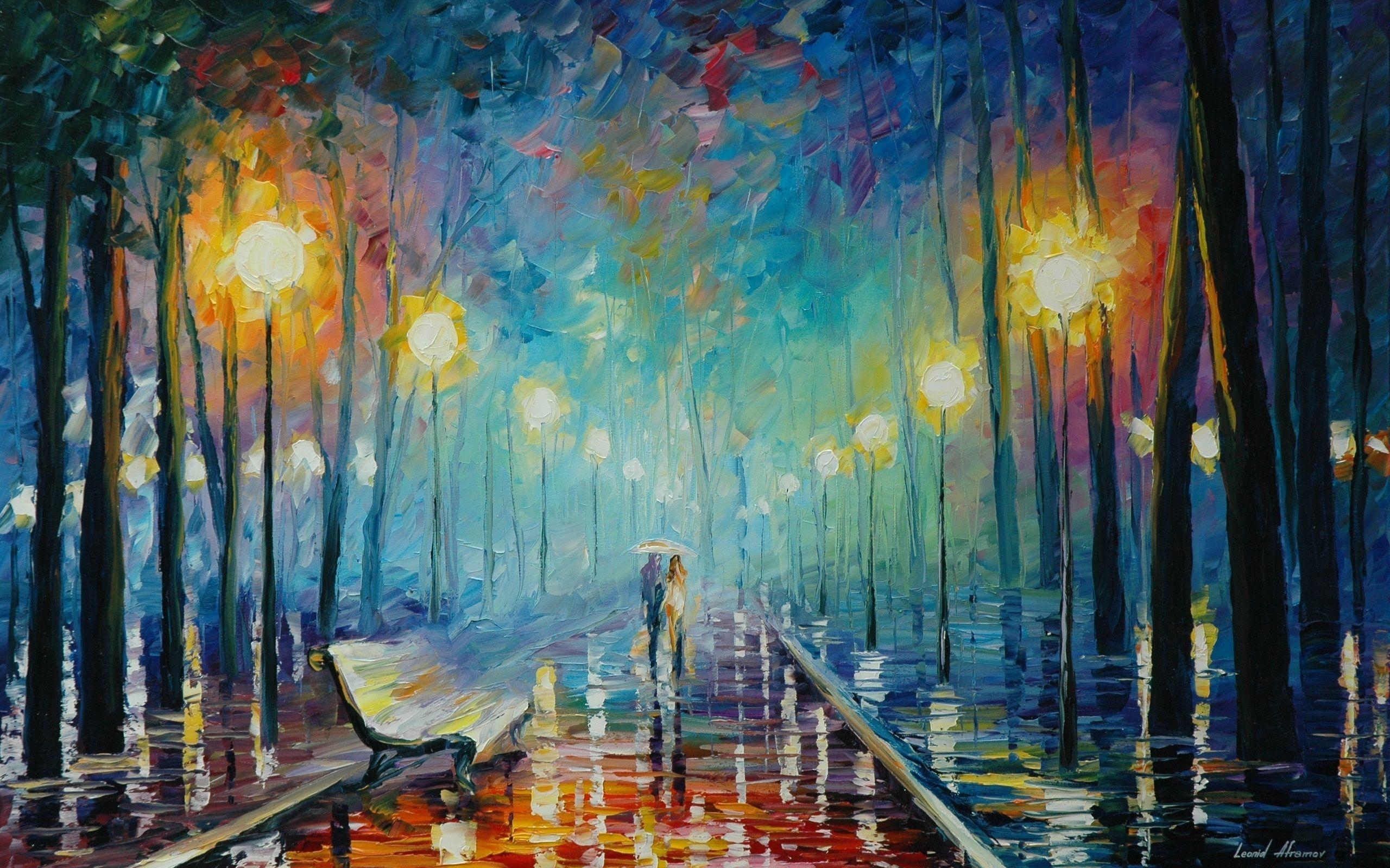 leonid afremov, painting, pair, umbrella, shop, the rain