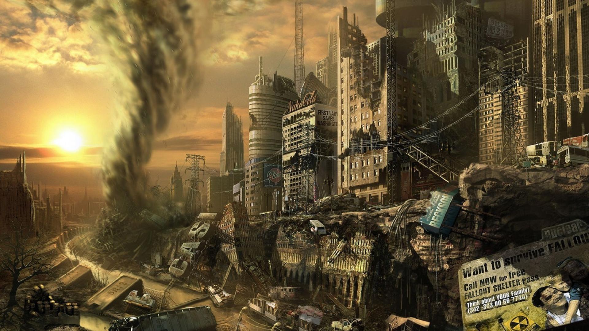 Video games fallout 3 tornado cities wallpaper