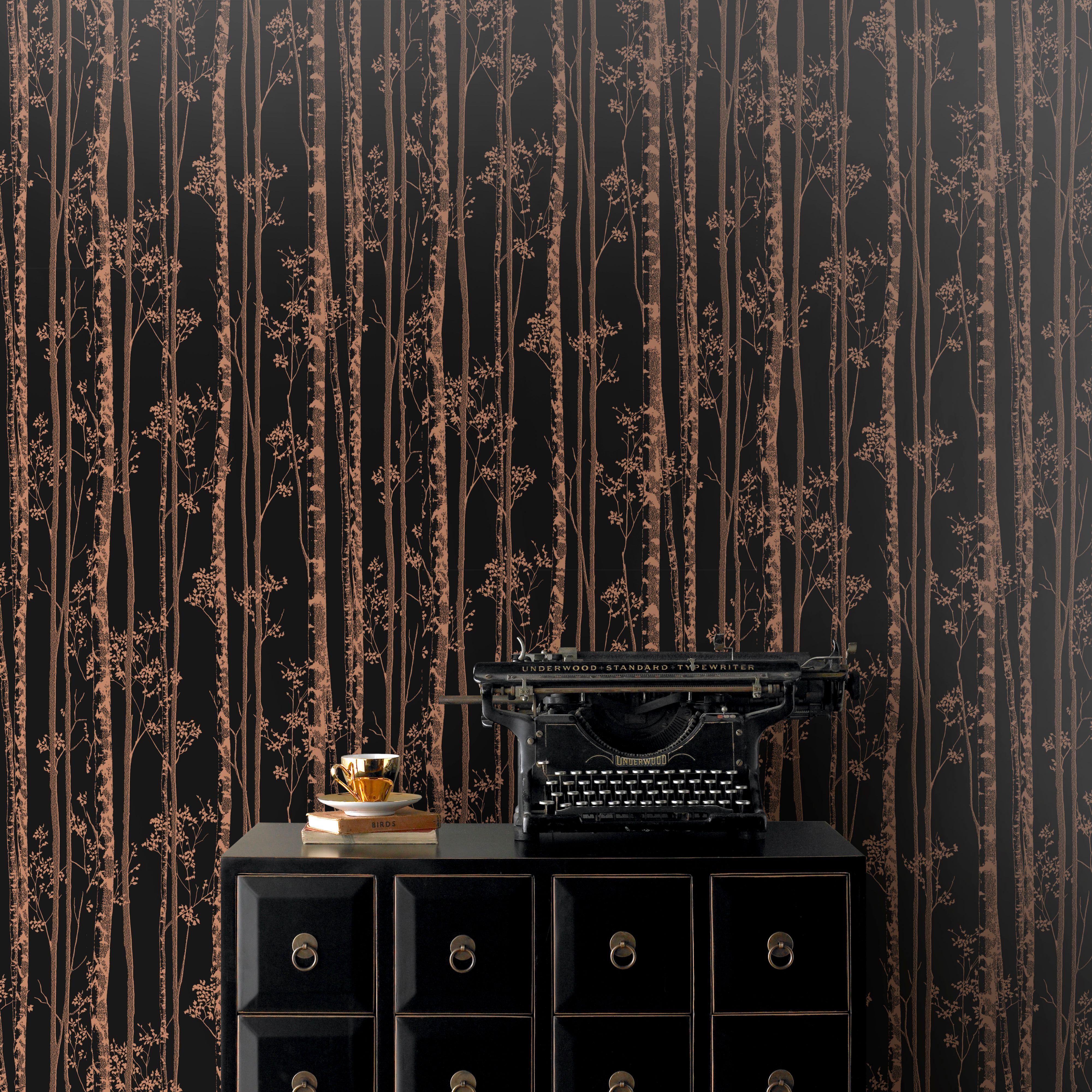 Pure Black & copper Linden Metallic effect Wallpaper. Departments