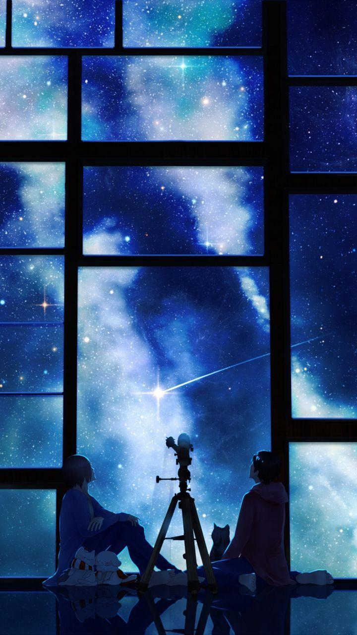 Download Wallpaper 720x1280 Tamagosho, Sky, Stars, Telescope