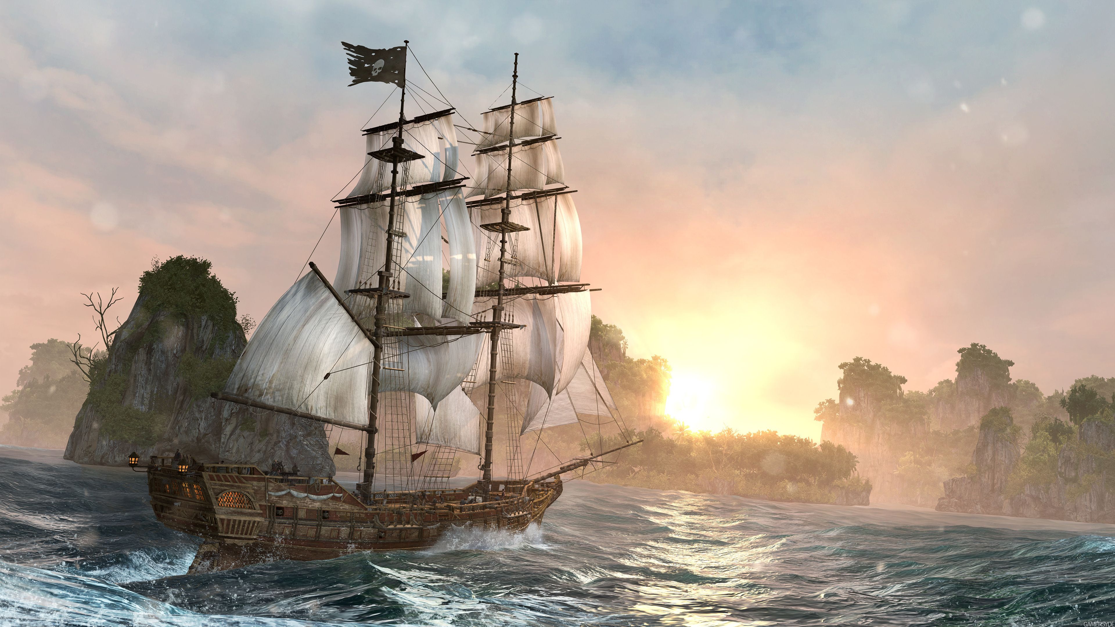 Assigncard IV video game ship river HD sunrise ultrahd 4k wallpaper