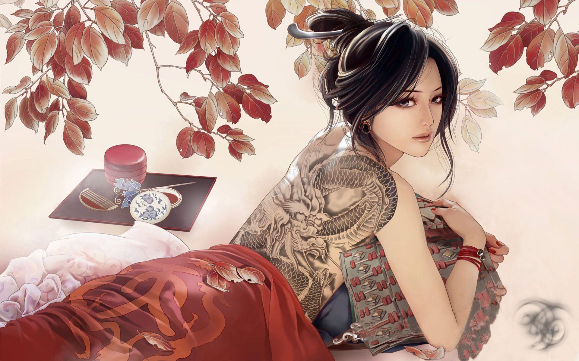 Image detail for -Wallpaper girl, tattoos, dragon desktop. HD Desktop Wallpaper. Ilustrator, Gadis anime, Ilustrasi tato