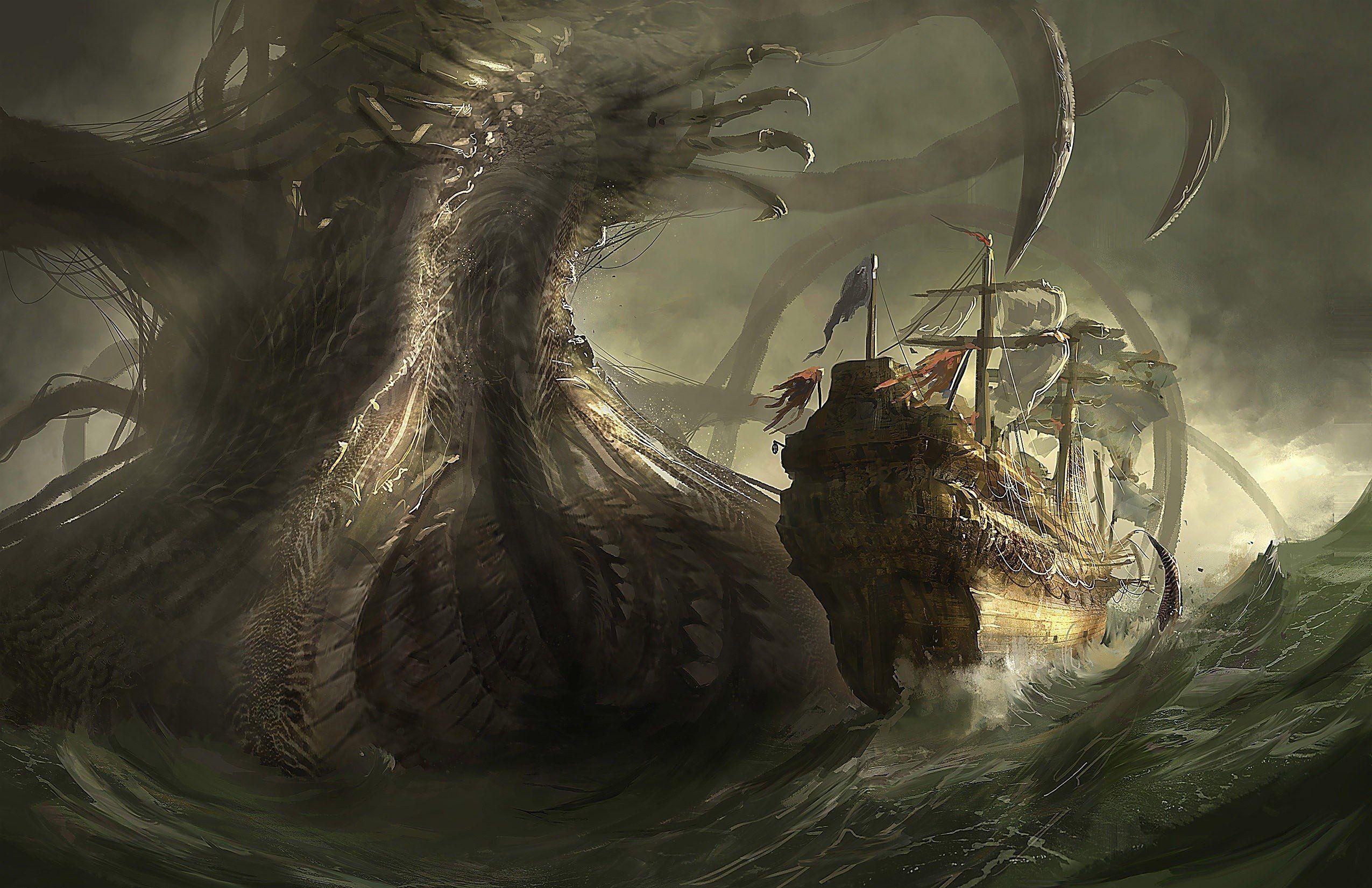 fantasy art, wallpaper #art #Fantasy #Ship #sea #monster. Artworks