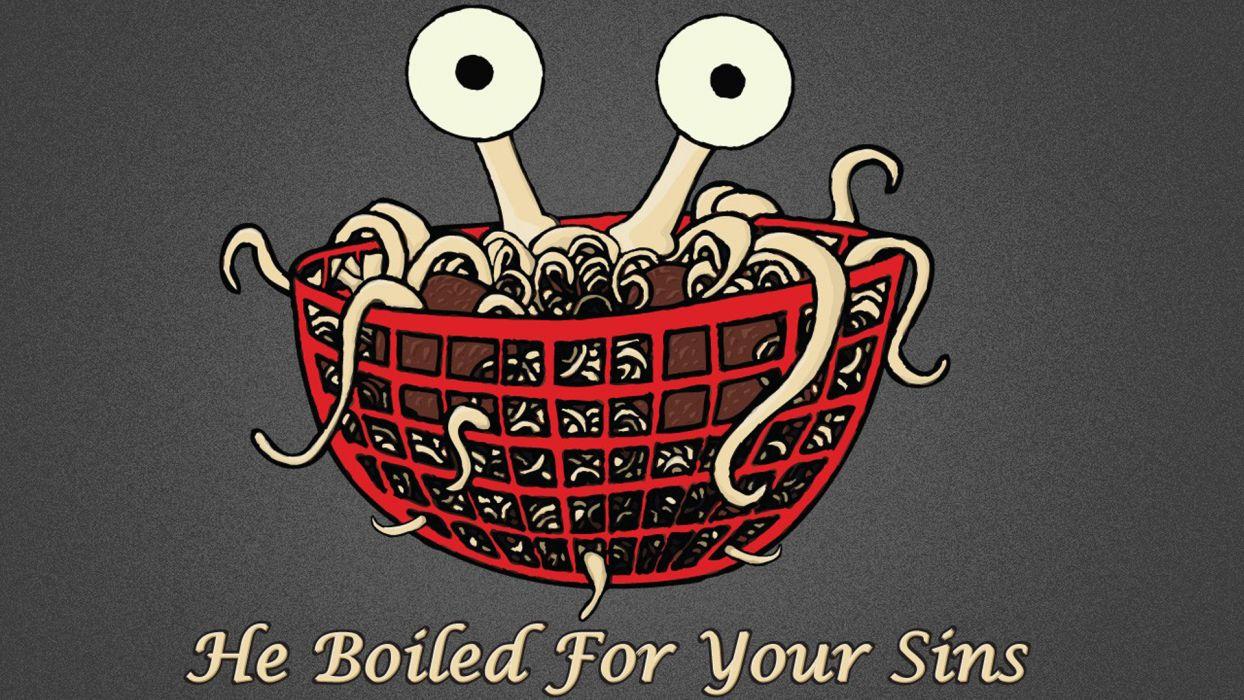 Flying Spaghetti Monster Boiled Sins cartoon humor funny eyes