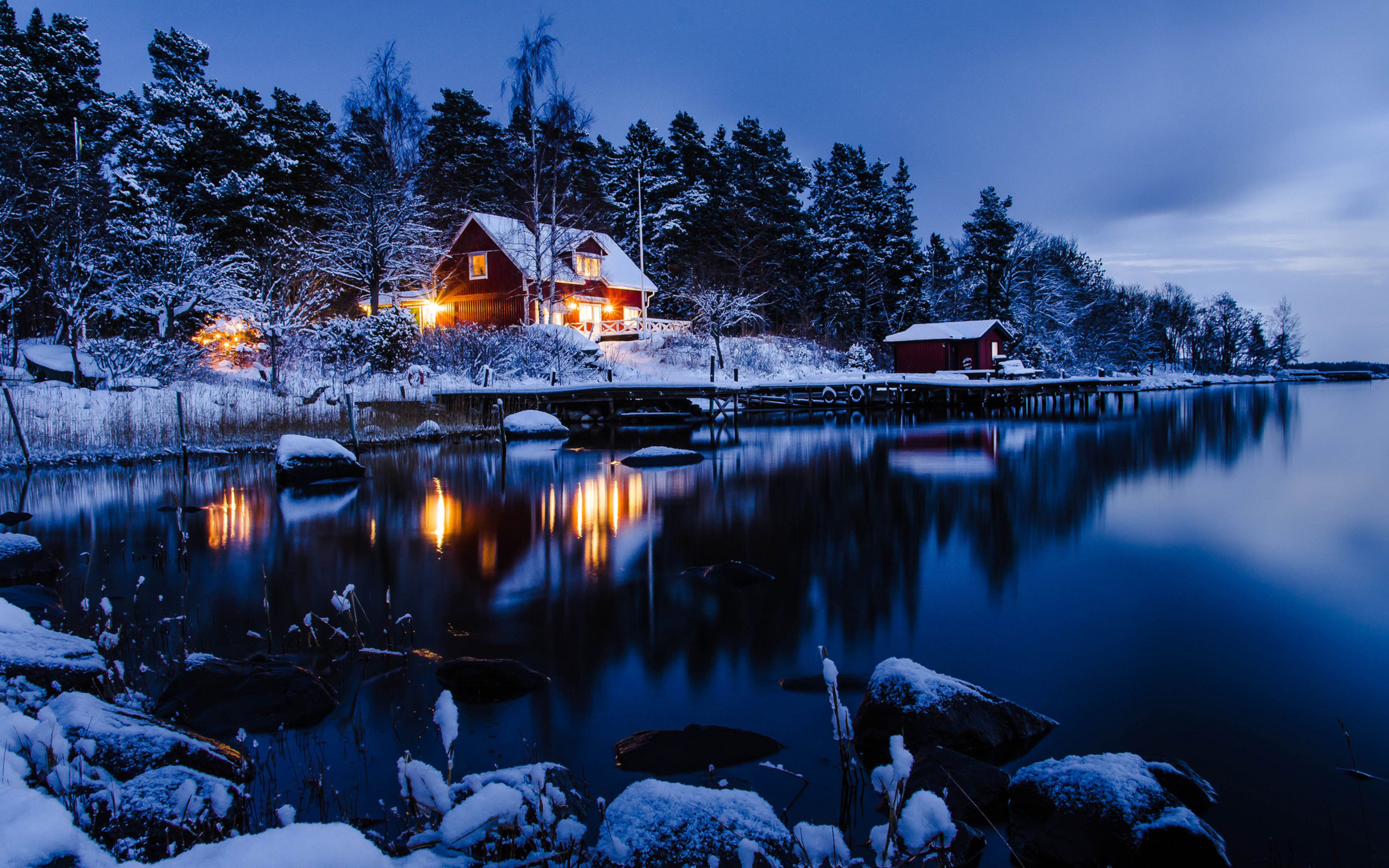 Lake House in Winter 5k Retina Ultra HD Wallpaper. Background Image