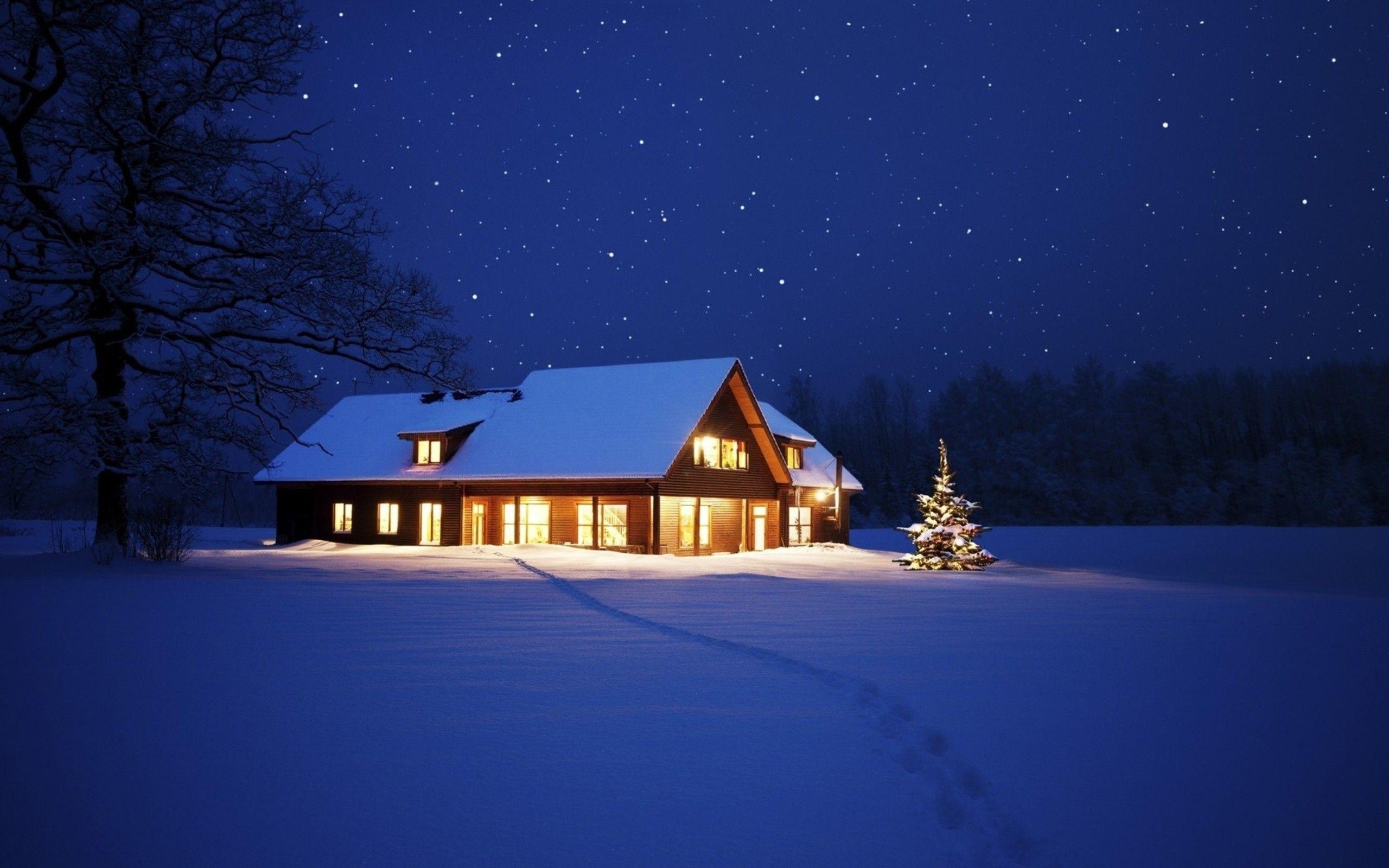 nature, Cabin, Winter, Snow, Night Wallpaper HD / Desktop