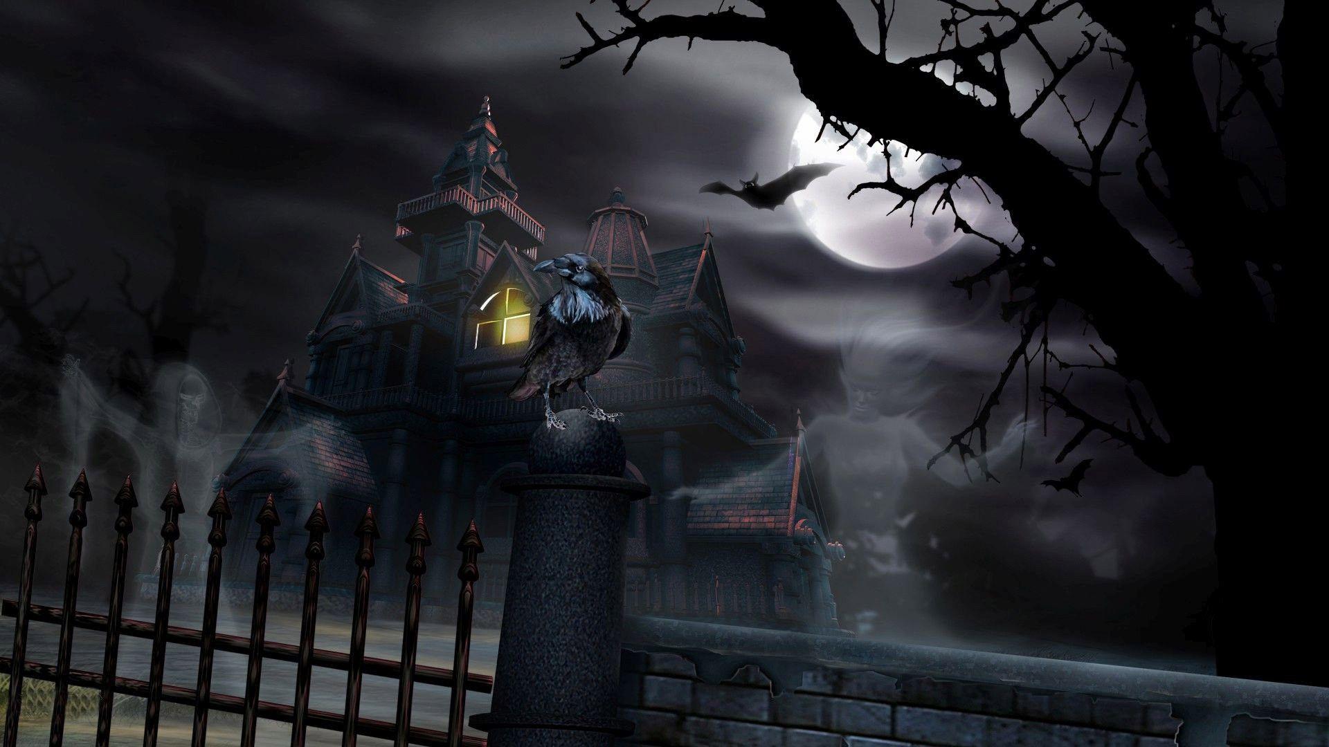 Graphic Design: Haunted House Night Moon Ghost Crow Picture