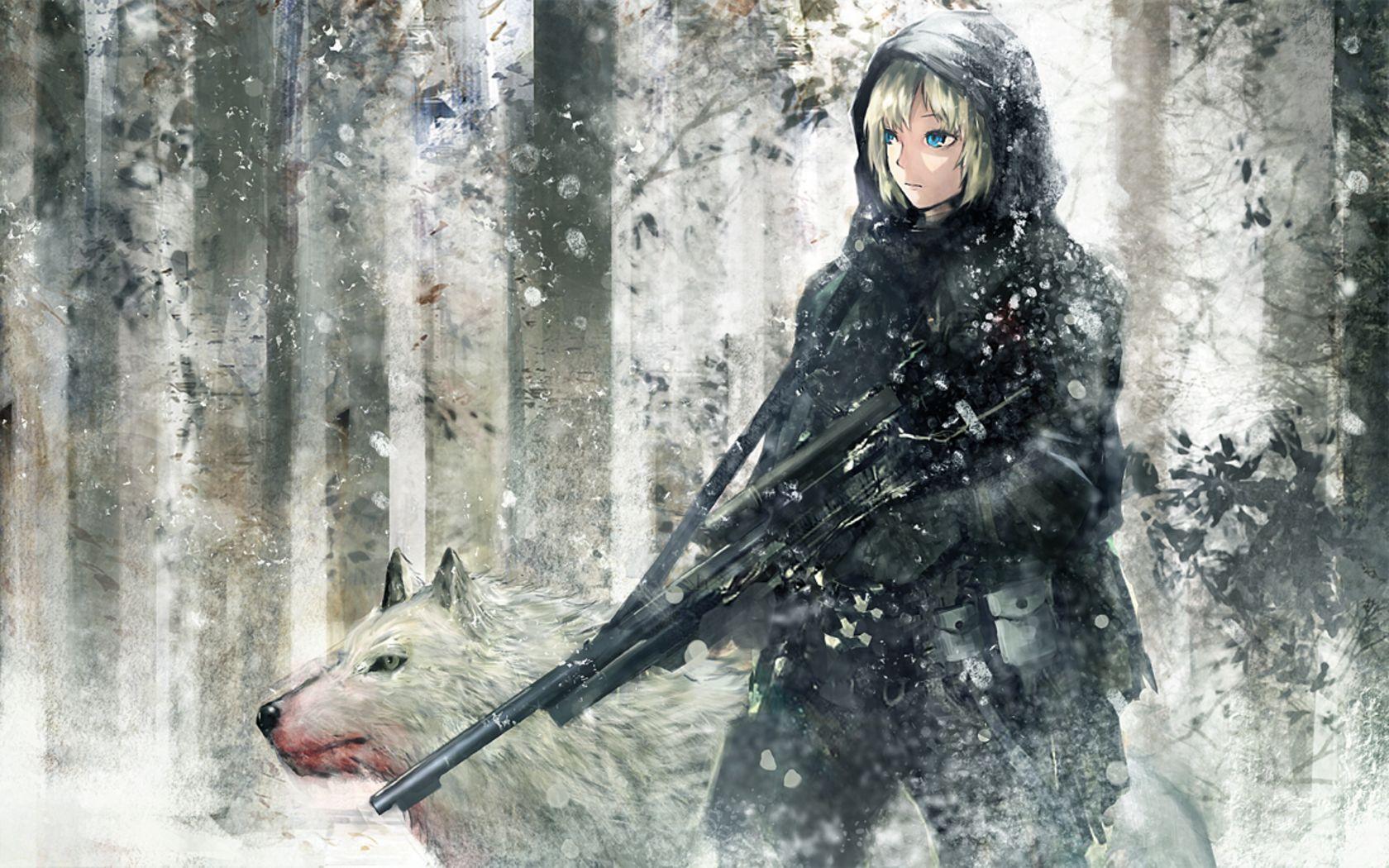 anime, Anime Girls, Wolf, Snow, Forest, Snipers Wallpaper HD / Desktop and Mobile Background