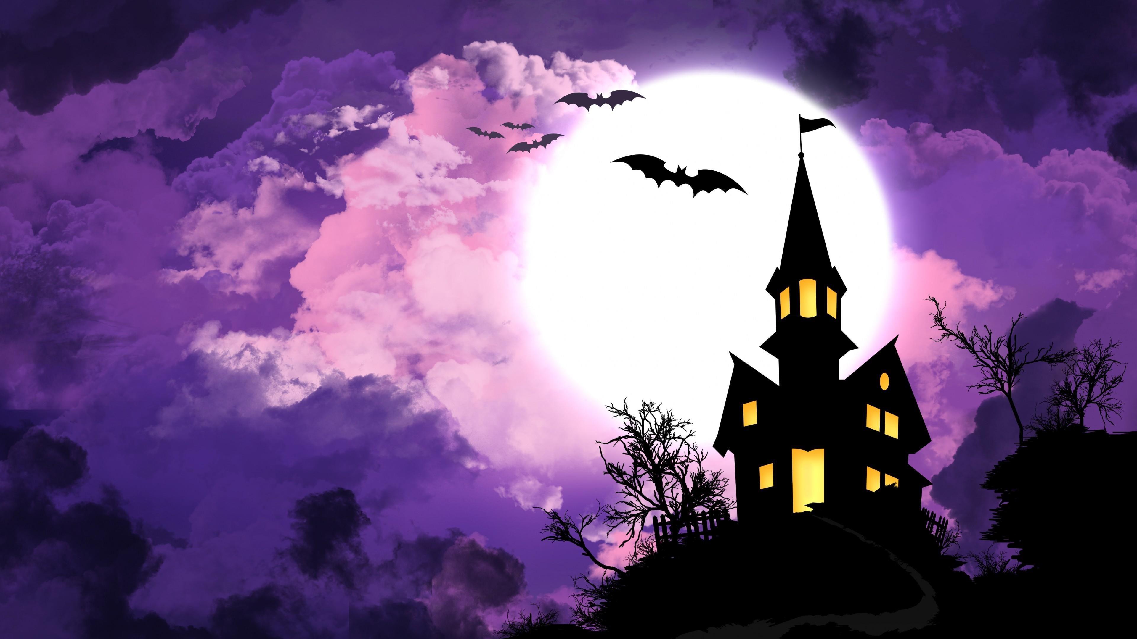 Haunted House With Bats Illustration Wallpaper