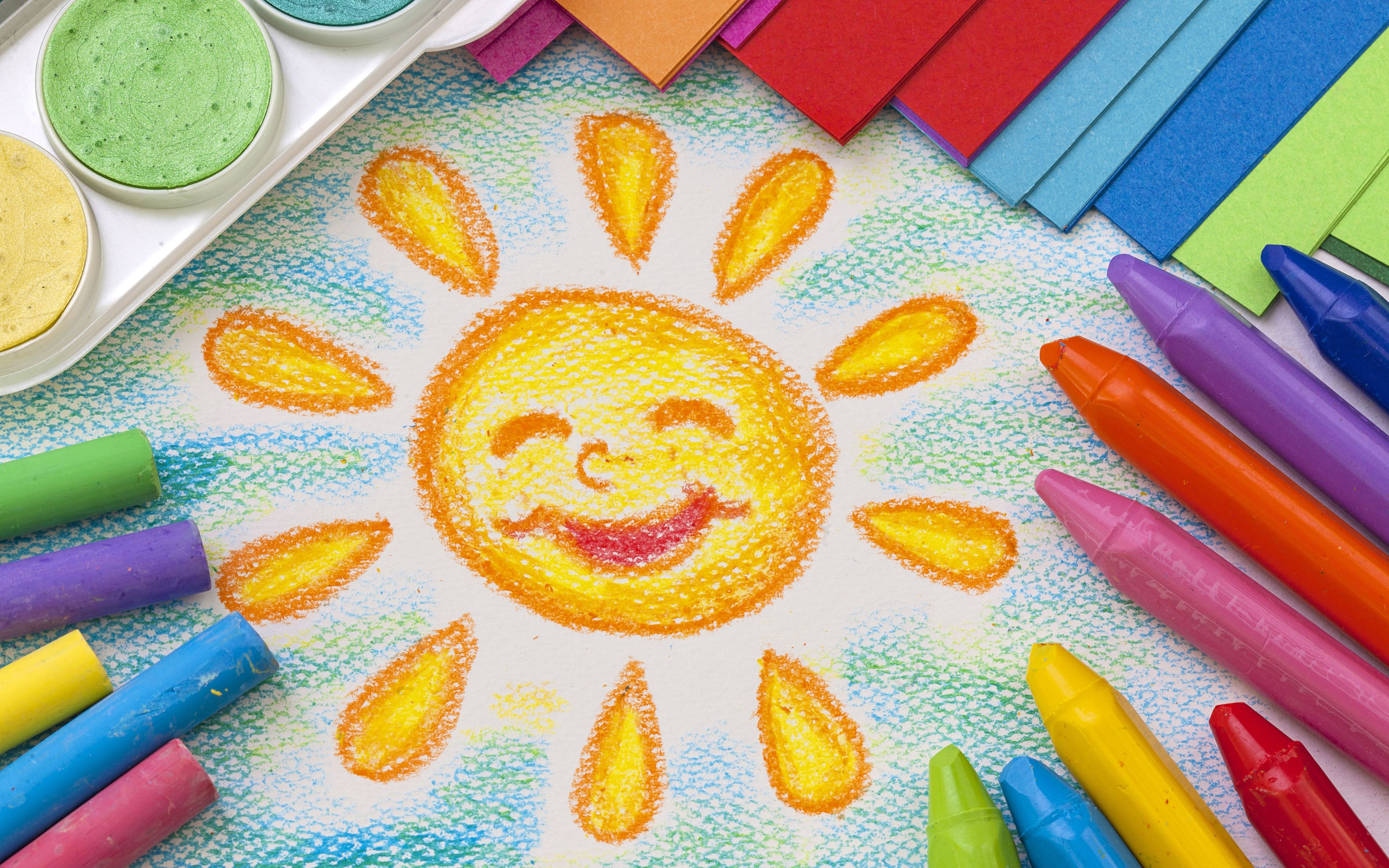 Wallpaper Crayon Drawing, Colorful, Sun, HD, 4K, Creative Graphics
